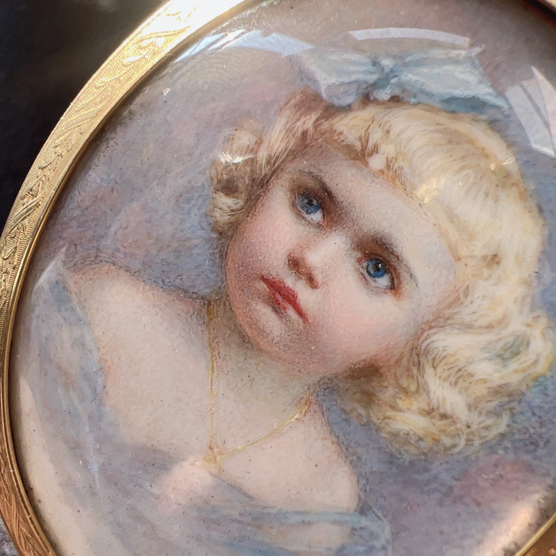 Victorian 18K gold child girl miniature portrait pendant