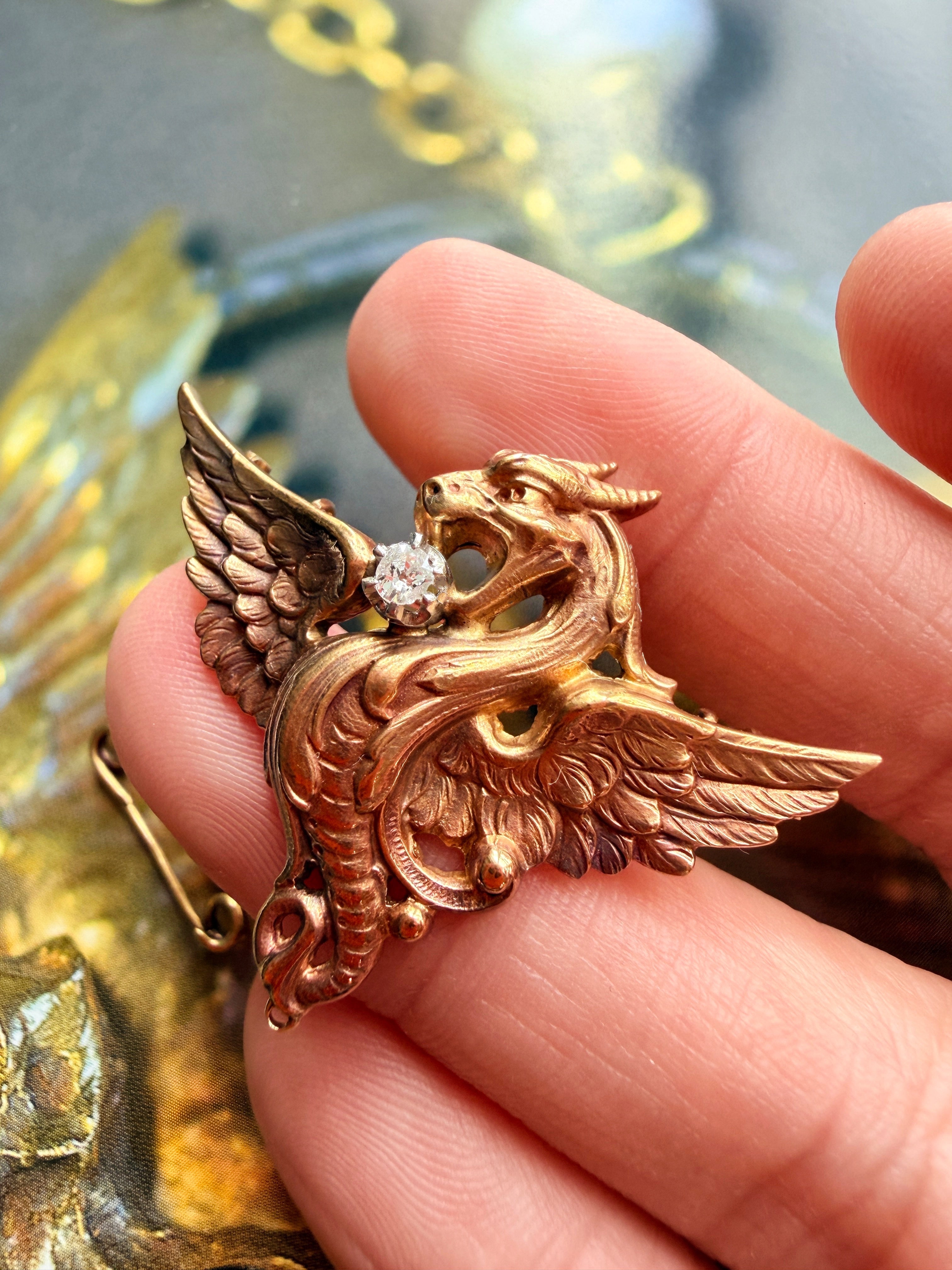 French antique Art Nouveau 18K gold diamond chimera pendant brooch 
