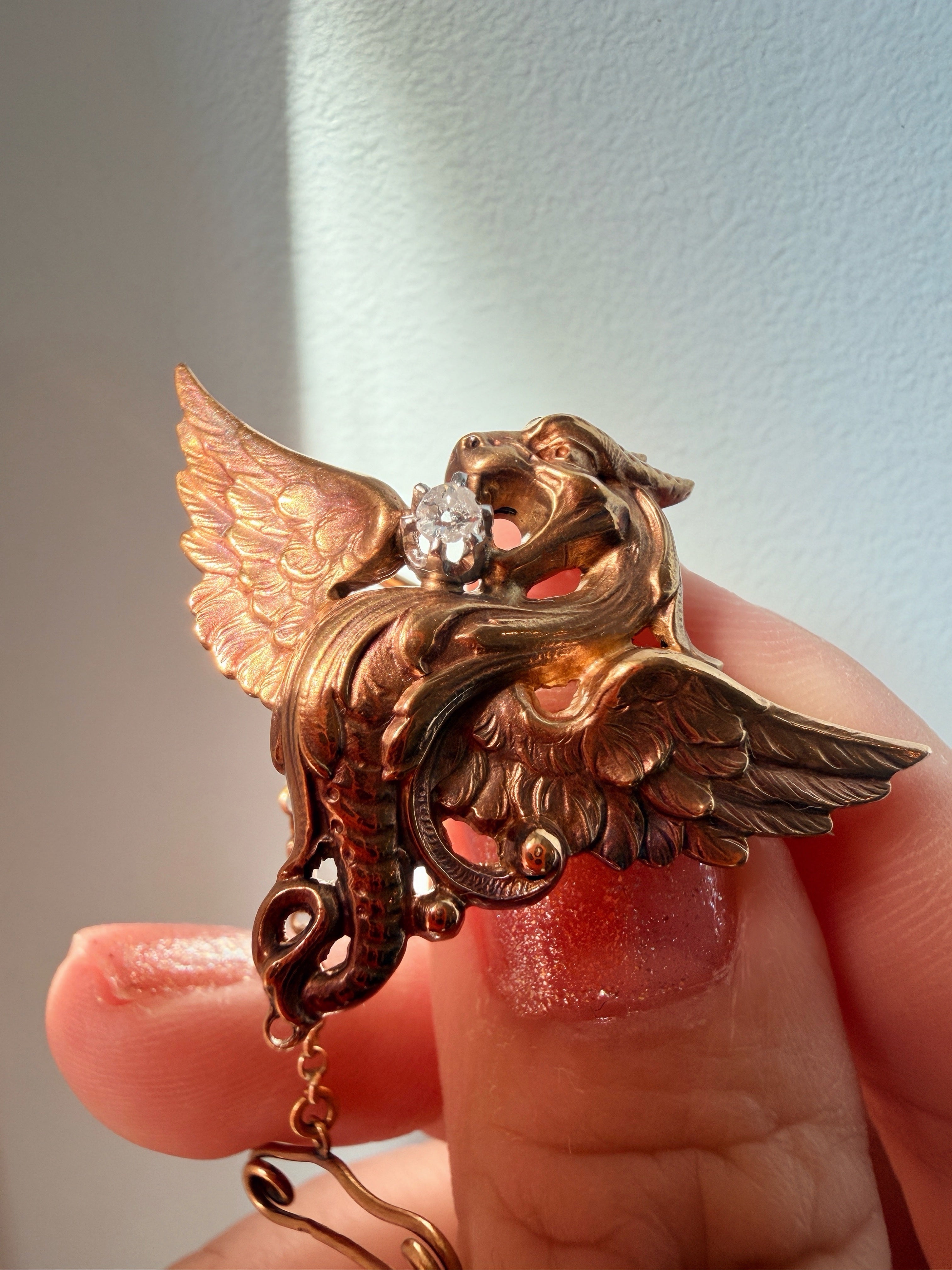 French antique Art Nouveau 18K gold diamond chimera pendant brooch 