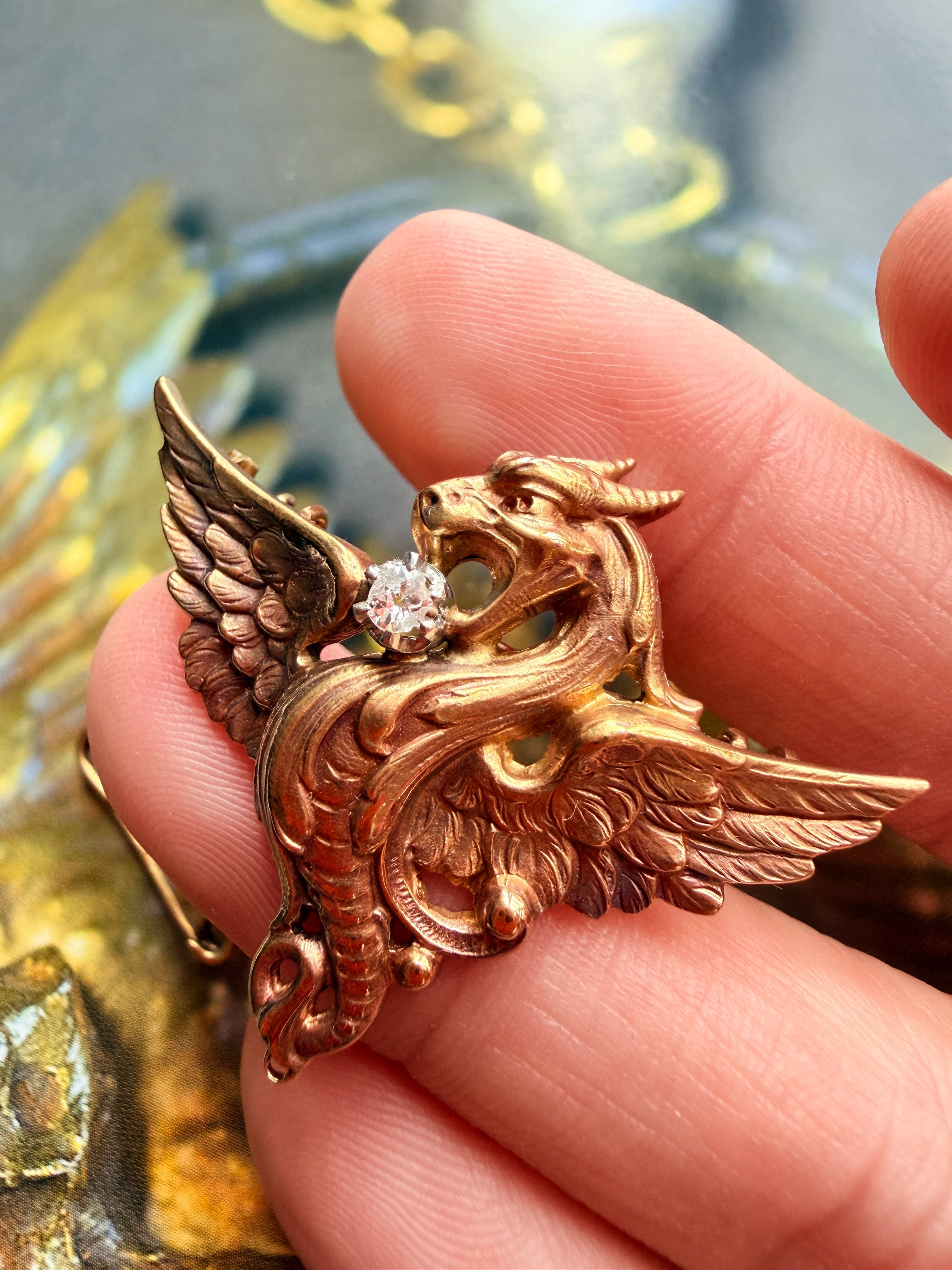 French antique Art Nouveau 18K gold diamond chimera pendant brooch 