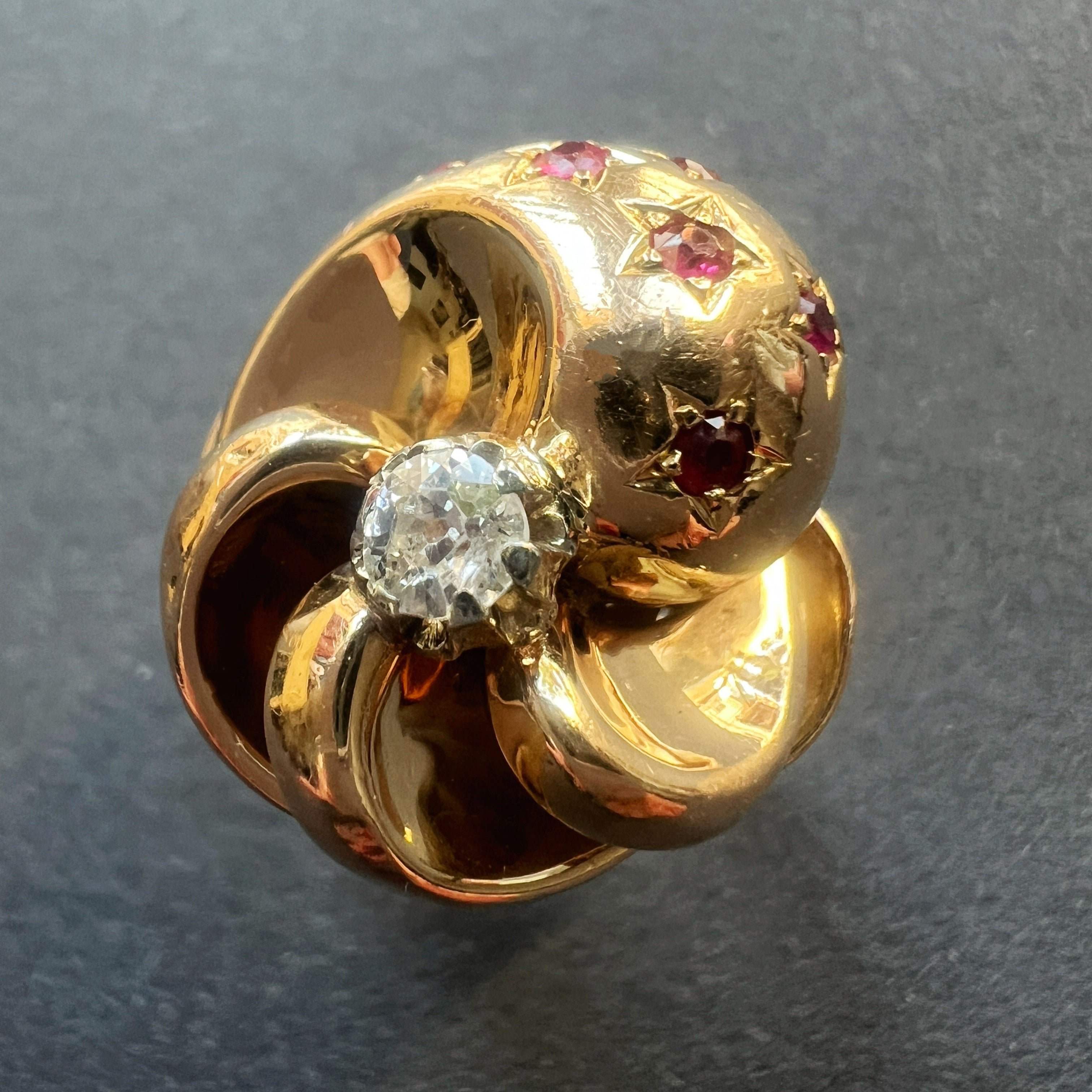 Vintage Retro 18K gold tourbillon diamond ruby star ring