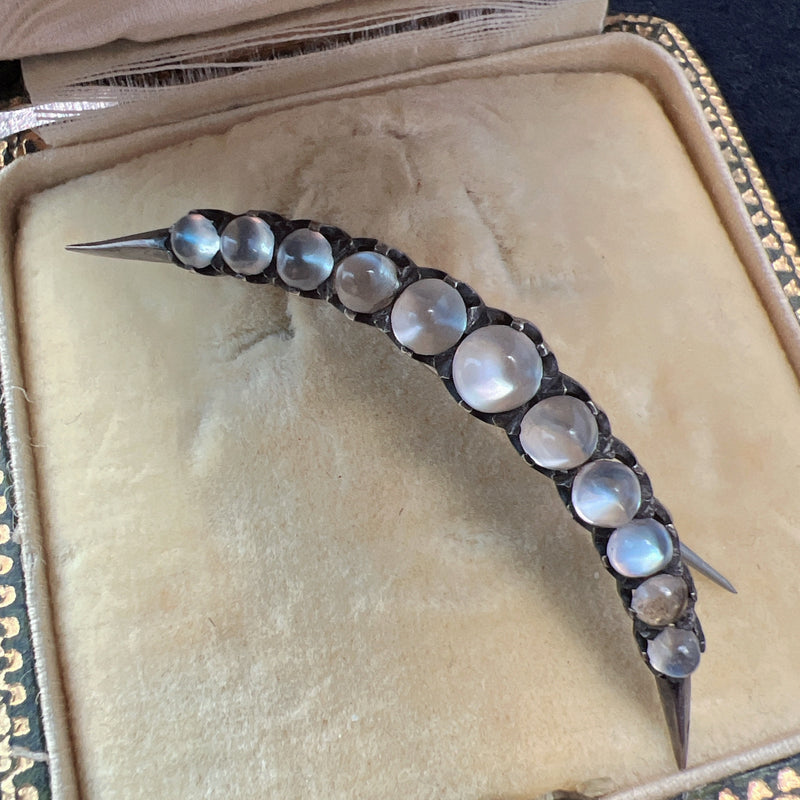 Antique silver moonstone crescent moon brooch