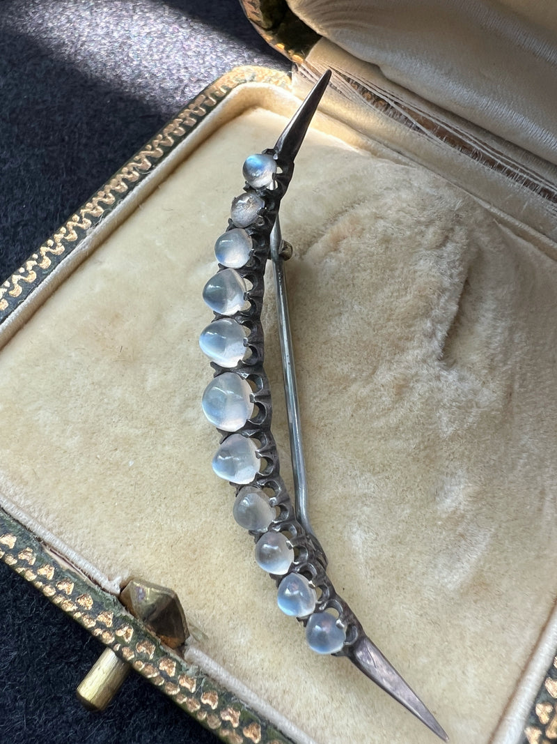 Antique silver moonstone crescent moon brooch