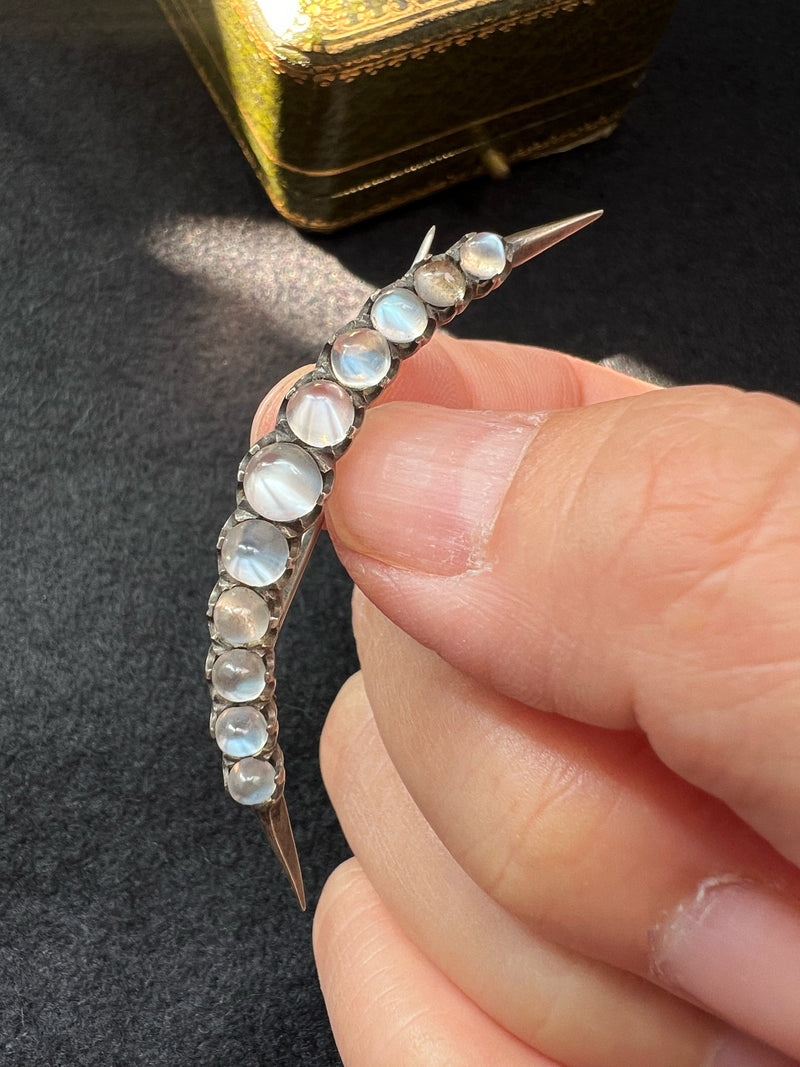 Antique silver moonstone crescent moon brooch