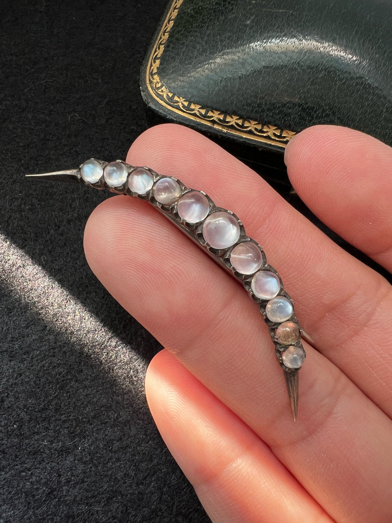 Antique silver moonstone crescent moon brooch