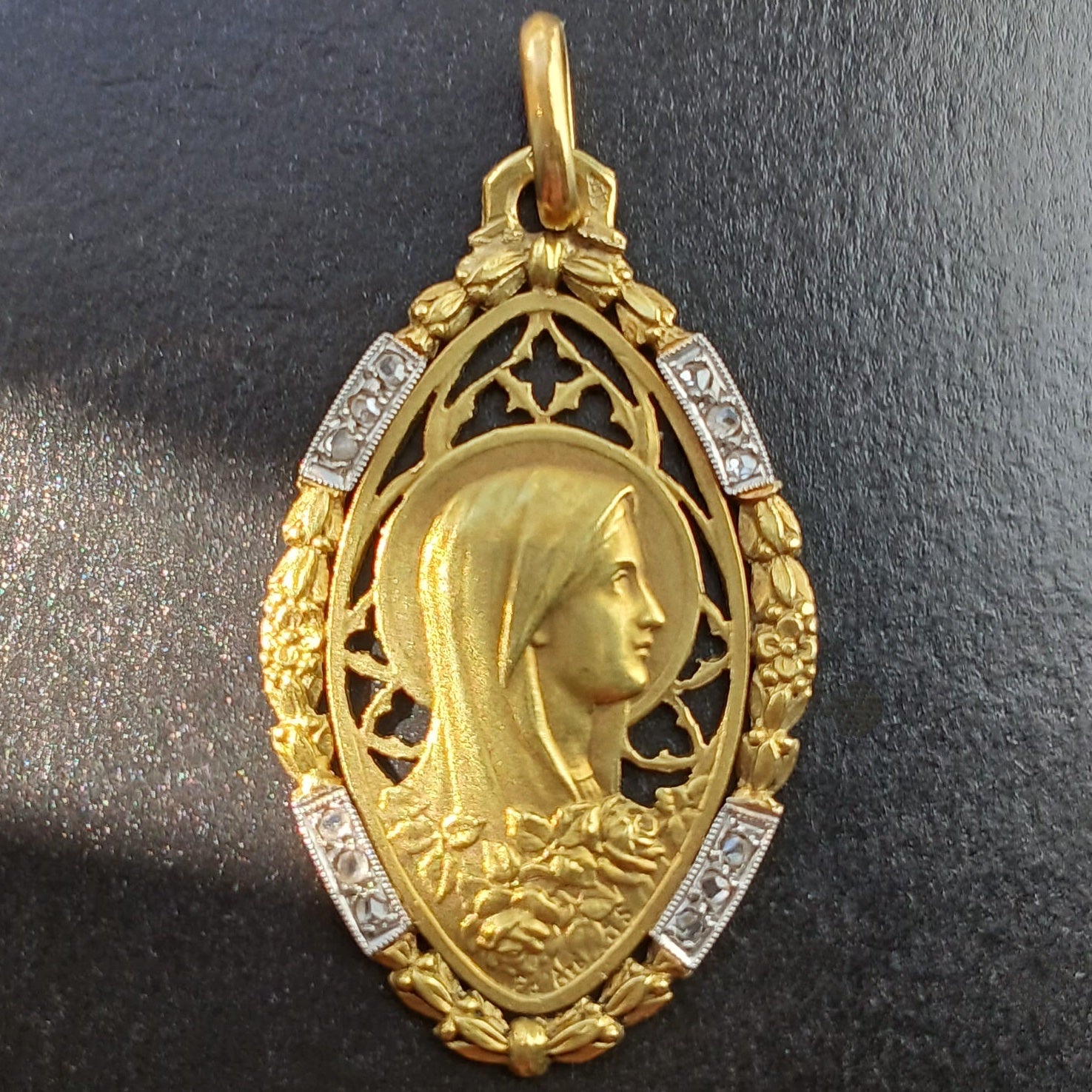 18K Gold French Antique Virgin Mary Diamond Medal pendant