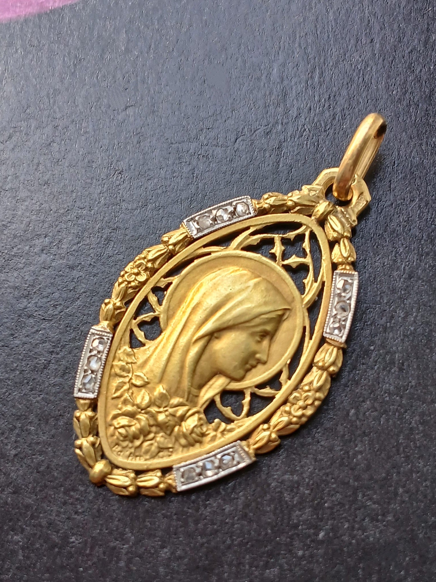 18K Gold French Antique Virgin Mary Diamond Medal pendant