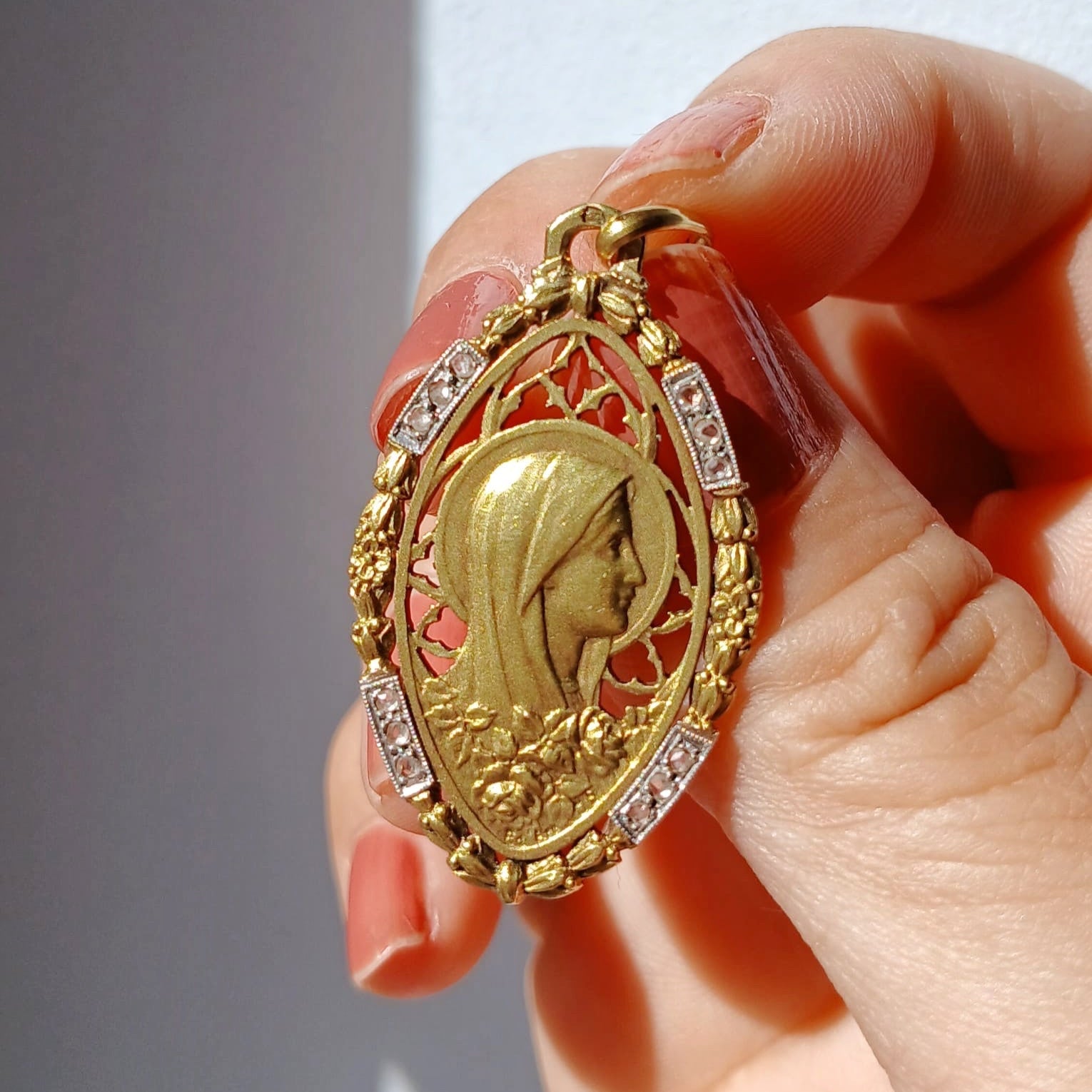 18K Gold French Antique Virgin Mary Diamond Medal pendant