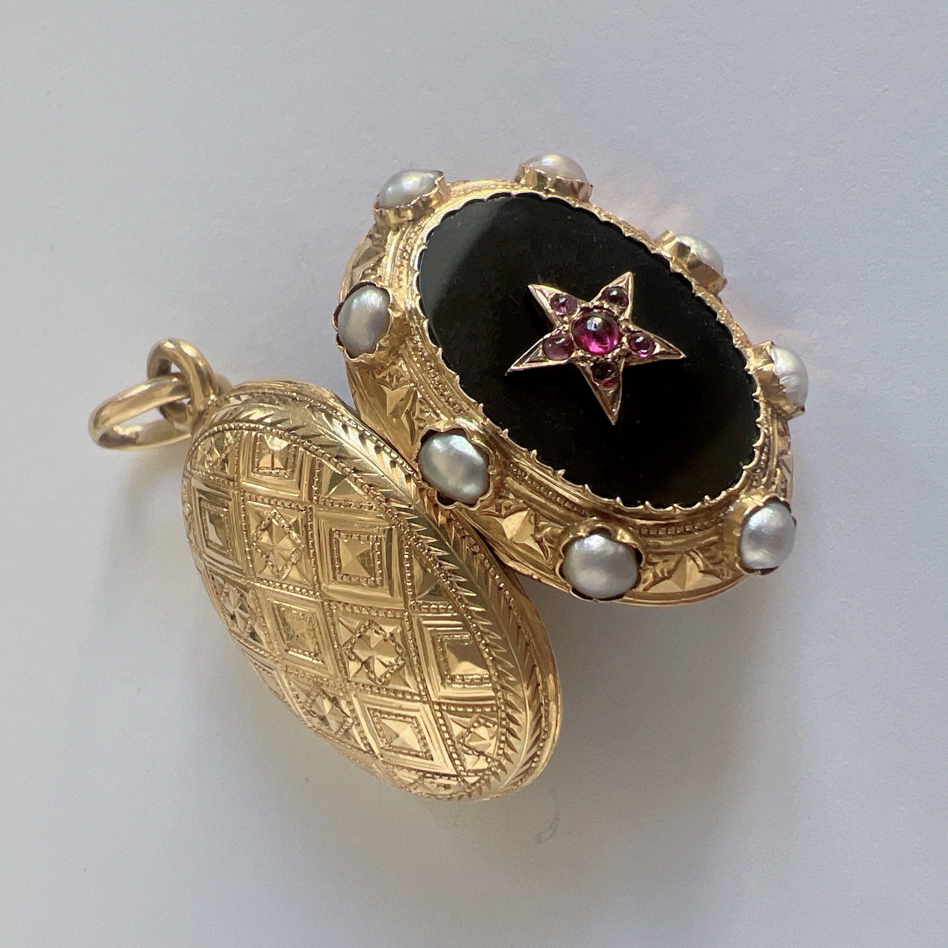 Victorian era 18K gold ruby natural pearl onyx star locket - Curiously timeless