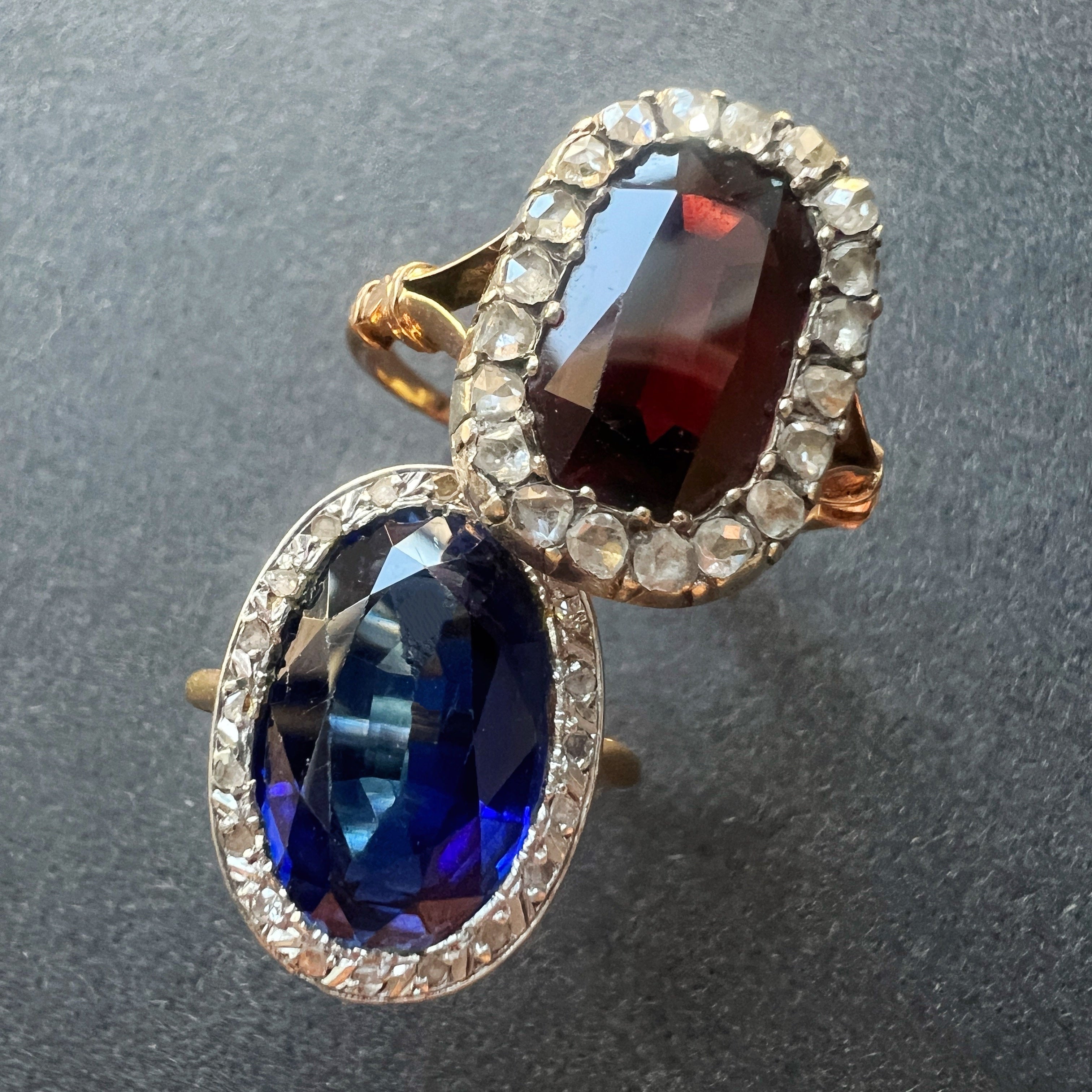 Art deco era 18K gold platinum sapphire diamond ring