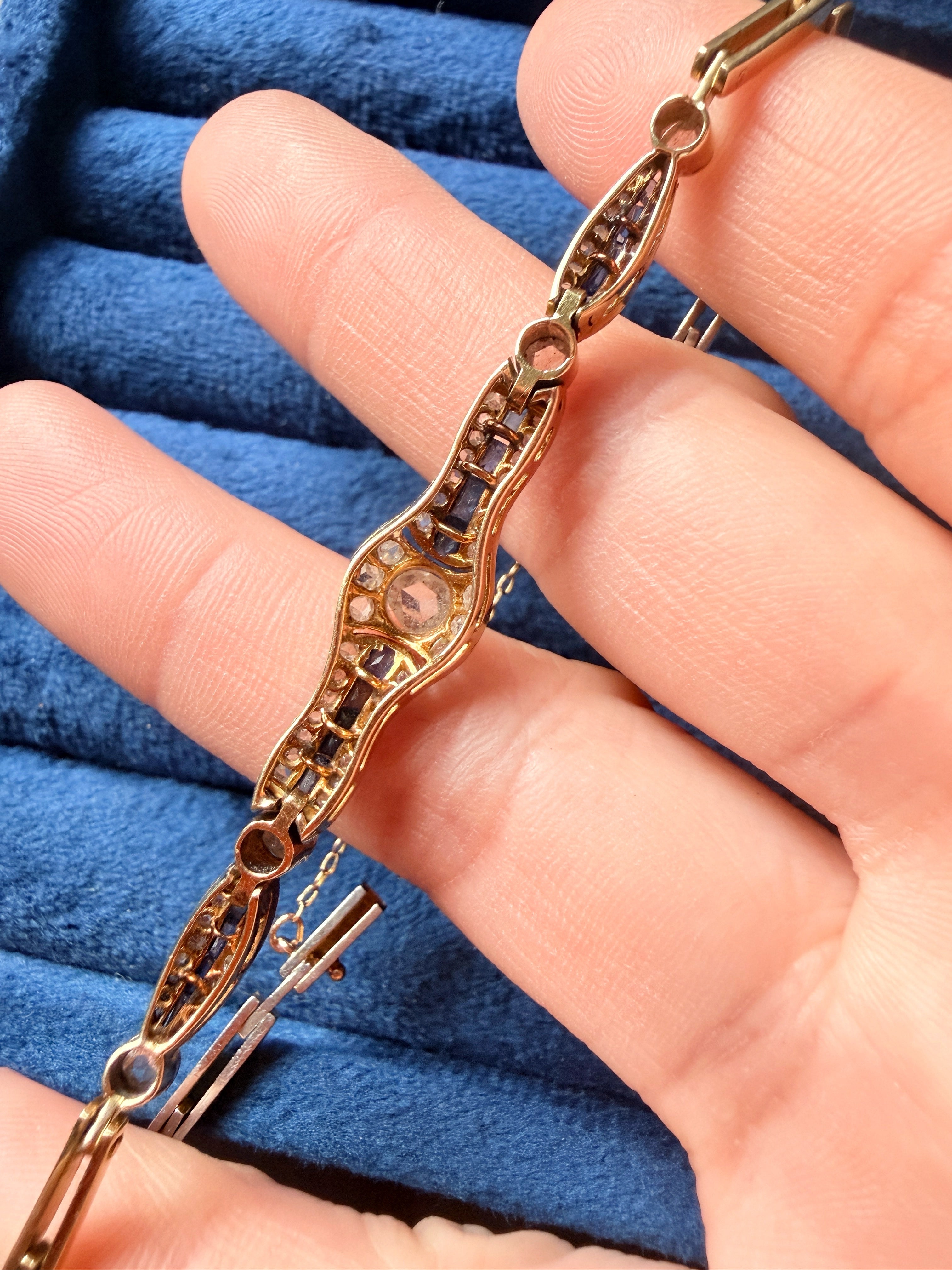 Art Deco era 18K Gold diamond blue sapphire bracelet