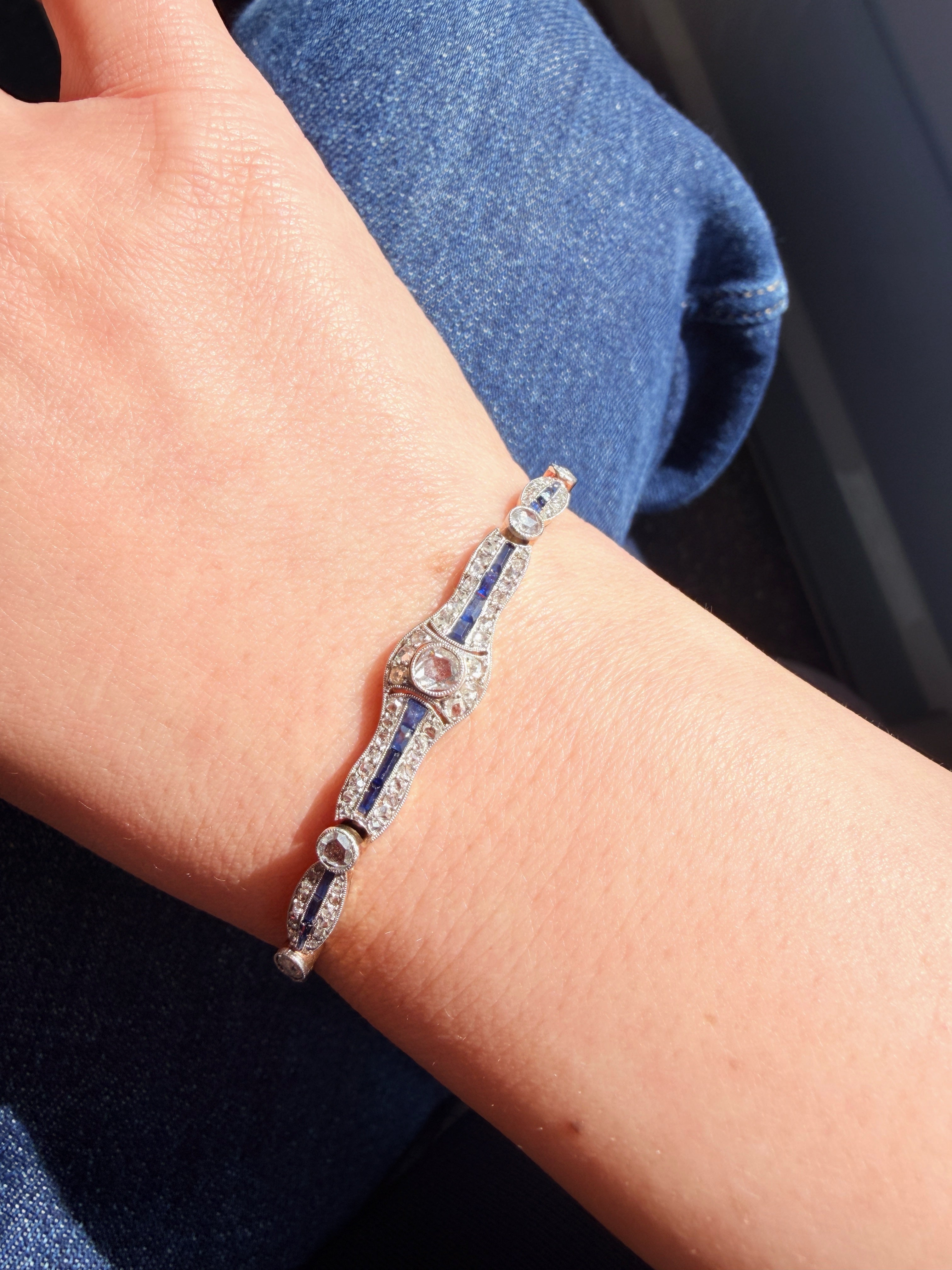 Art Deco era 18K Gold diamond blue sapphire bracelet
