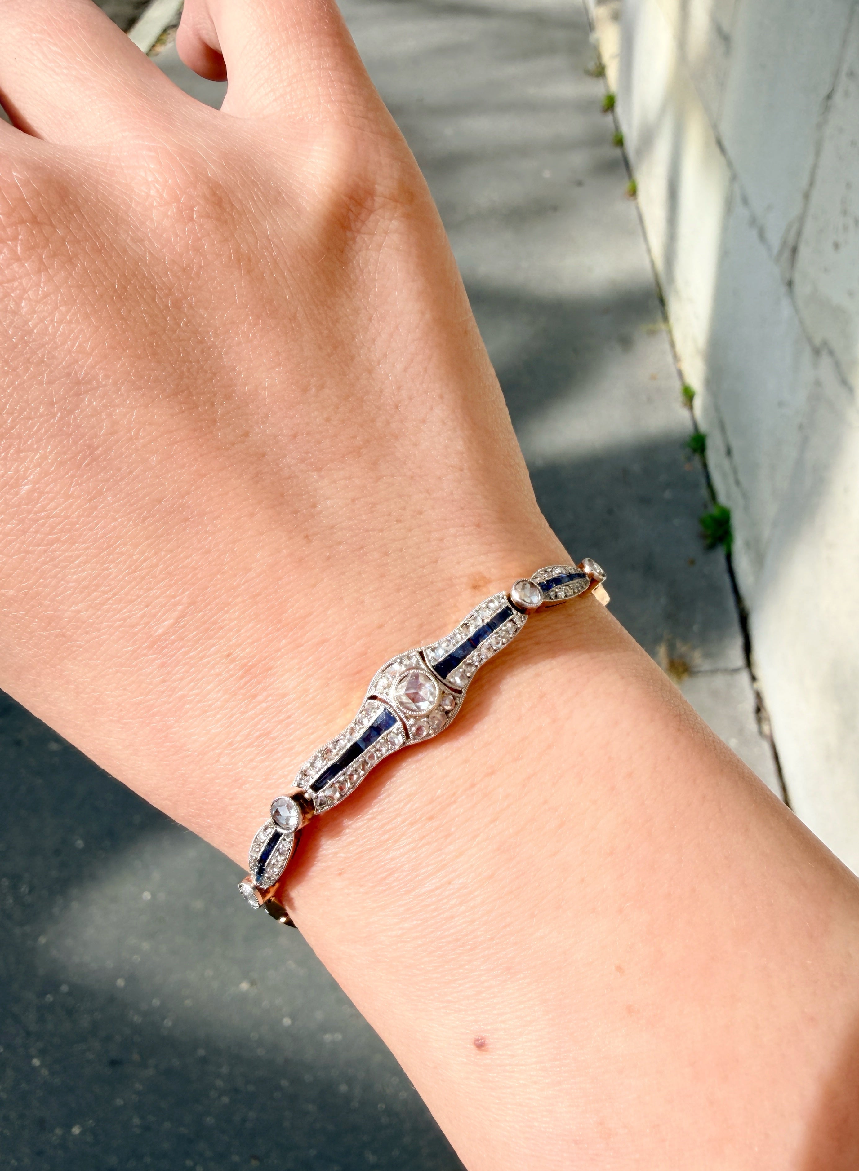 Art Deco era 18K Gold diamond blue sapphire bracelet