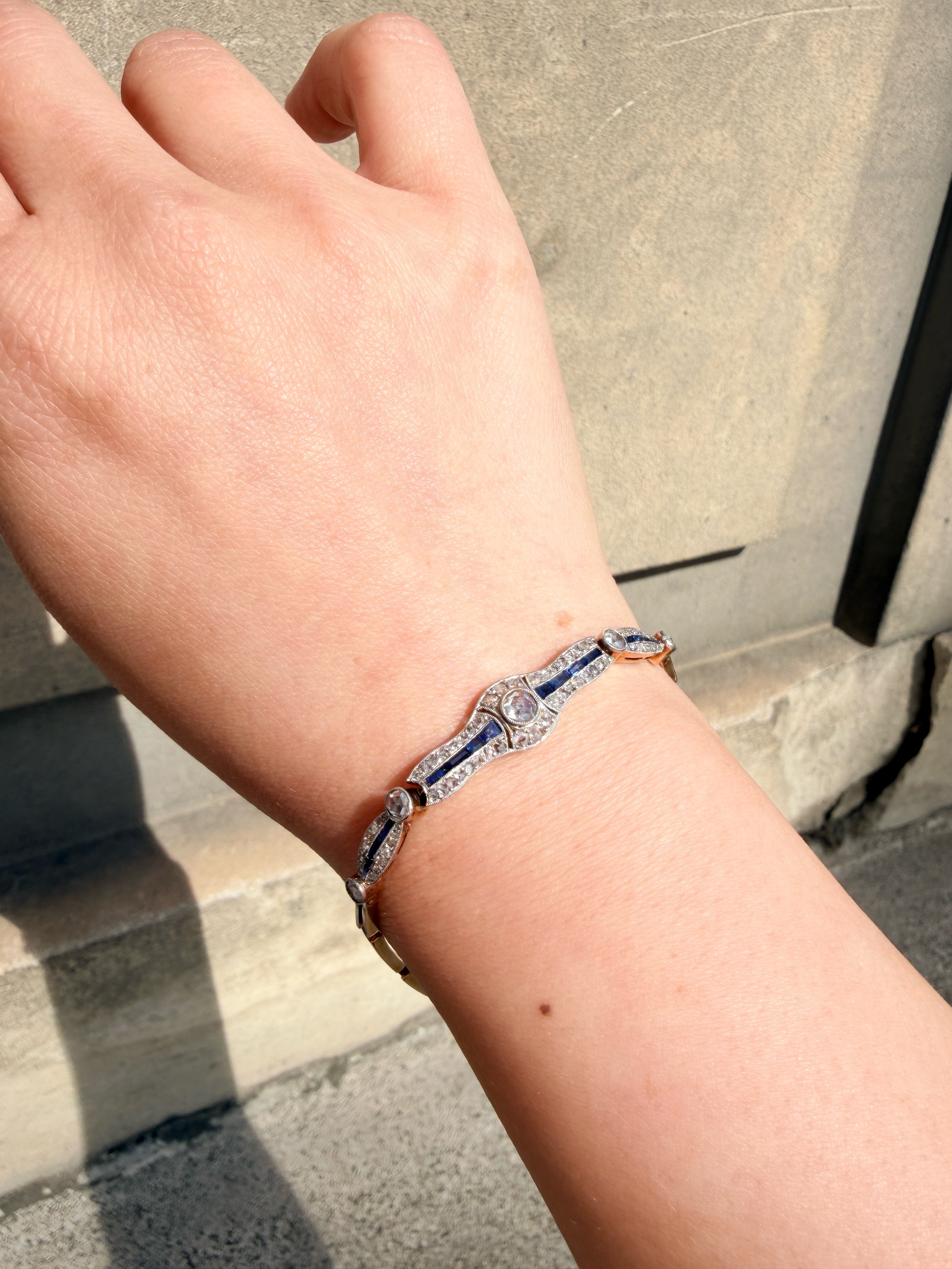 Art Deco era 18K Gold diamond blue sapphire bracelet