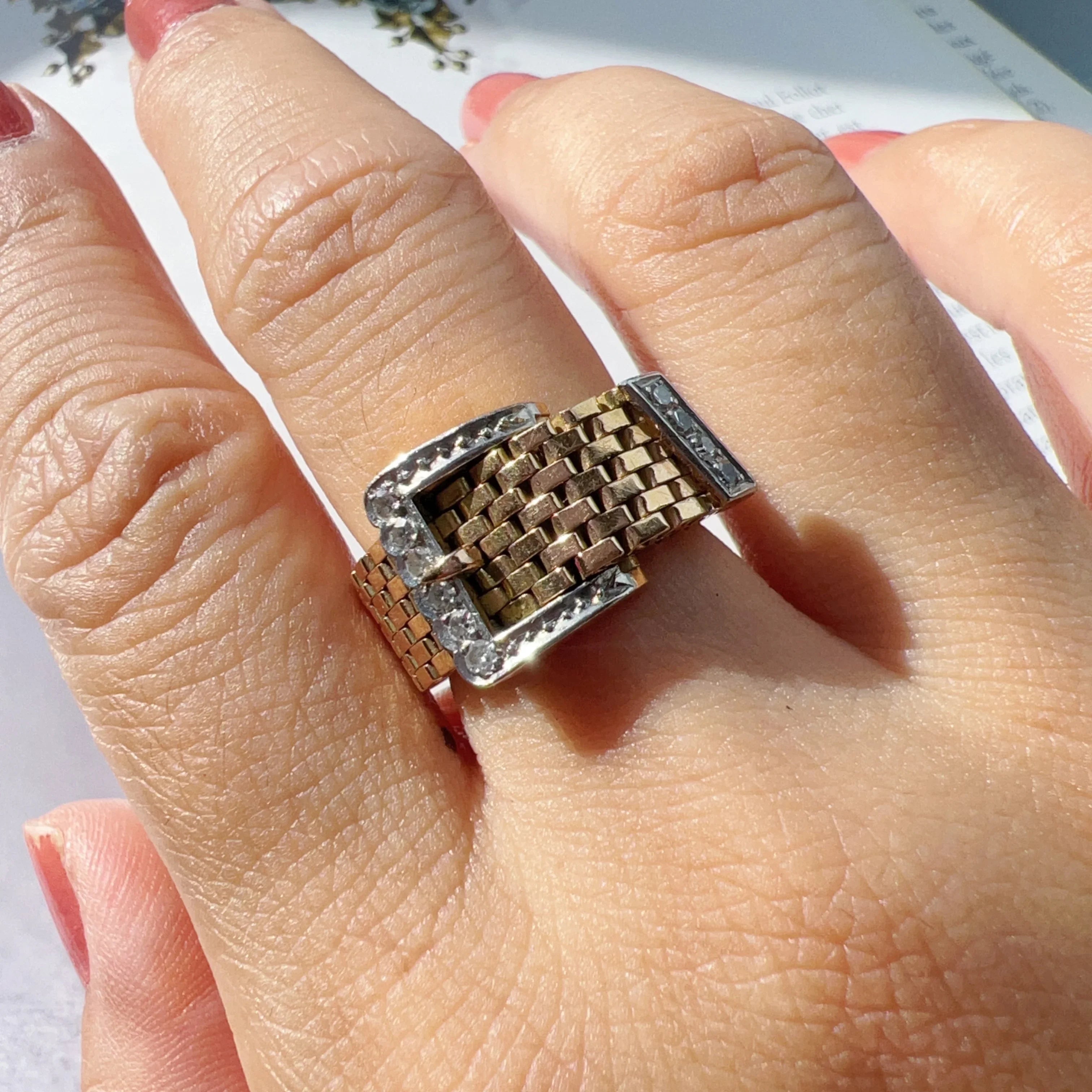 French 18K Gold Belt & Buckle Ring with Diamonds