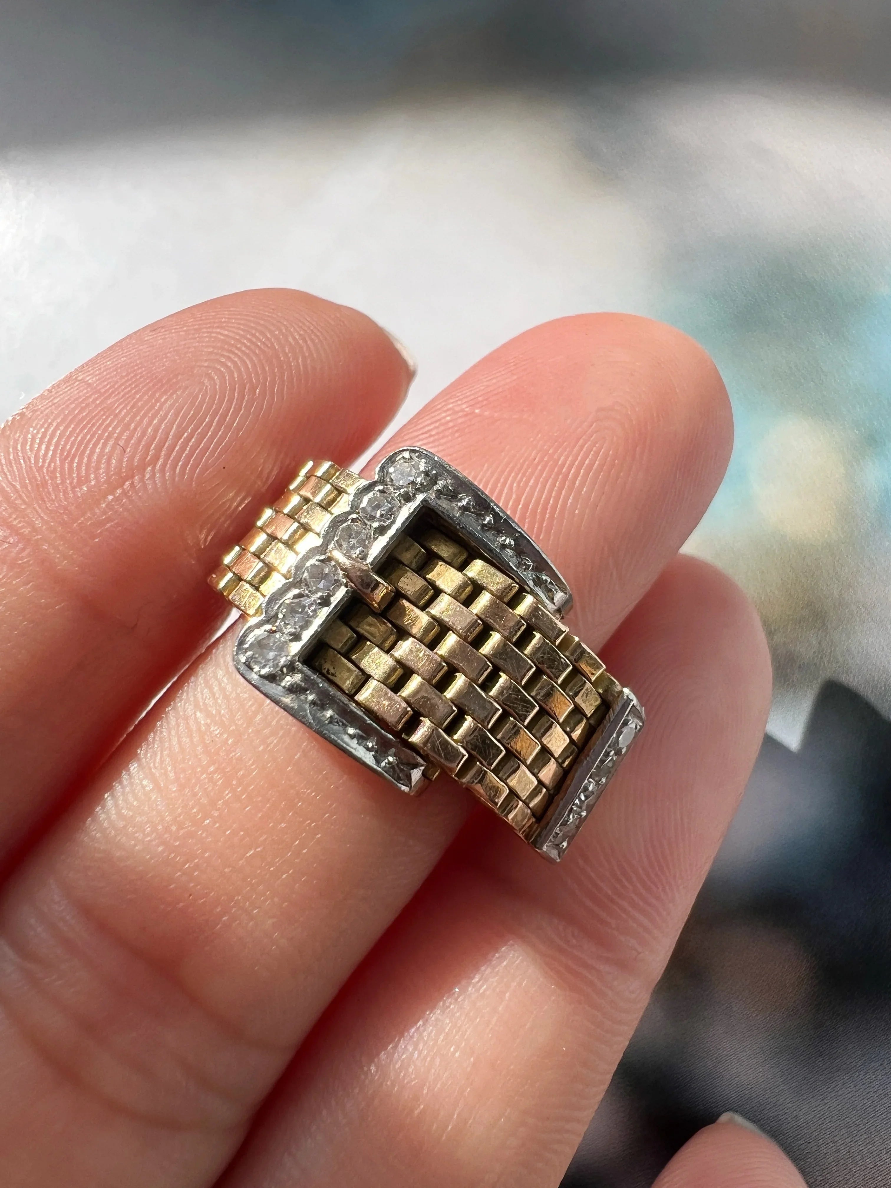 French 18K Gold Belt & Buckle Ring with Diamonds