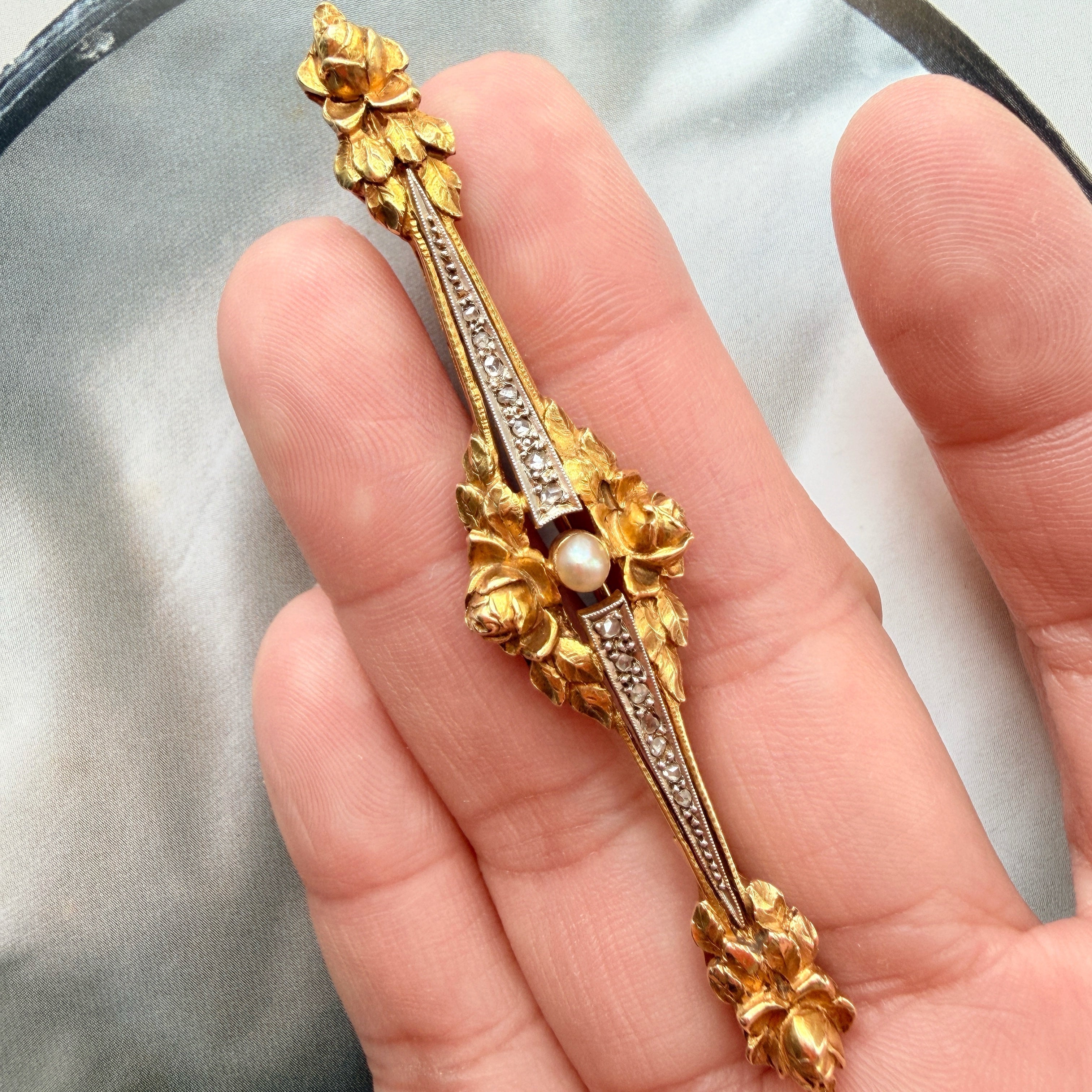 Art Nouveau French 18K Gold Pearl & Diamond rose flower Brooch