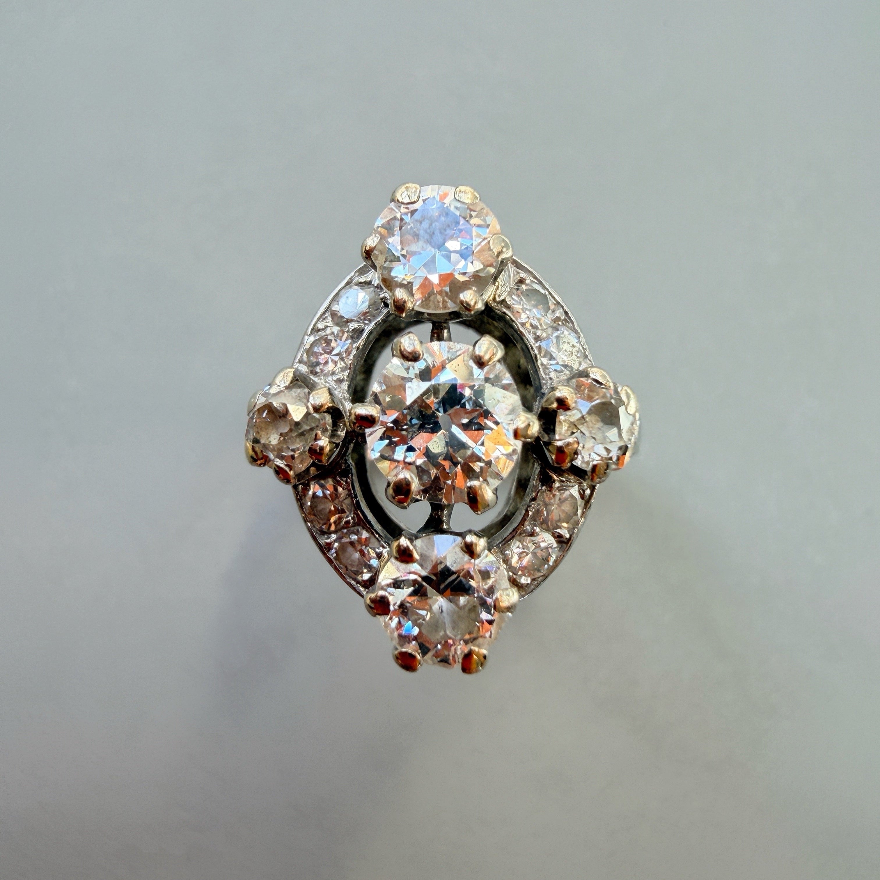 French vintage platine old mine cut diamond cluster ring