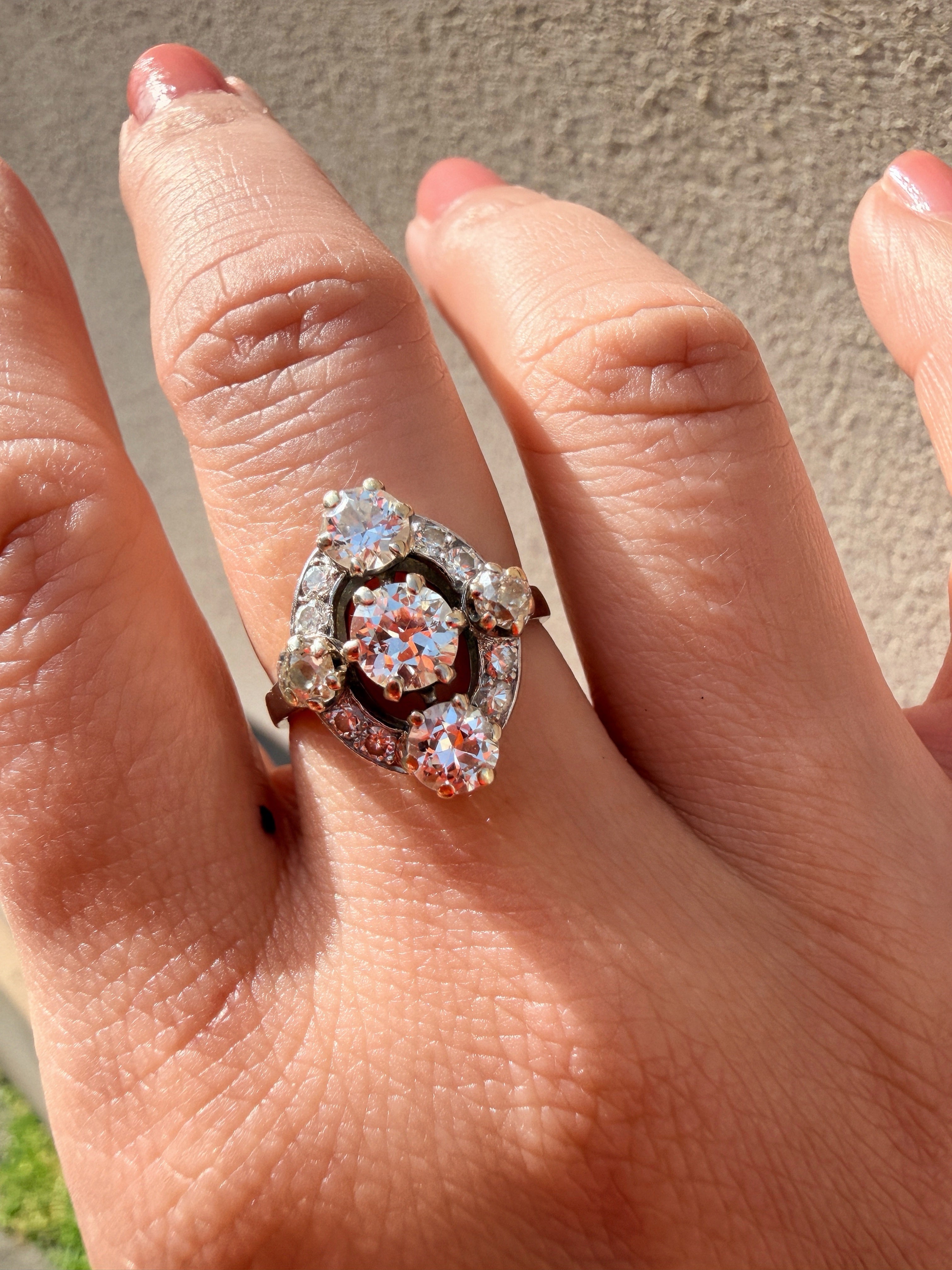 French vintage platine old mine cut diamond cluster ring