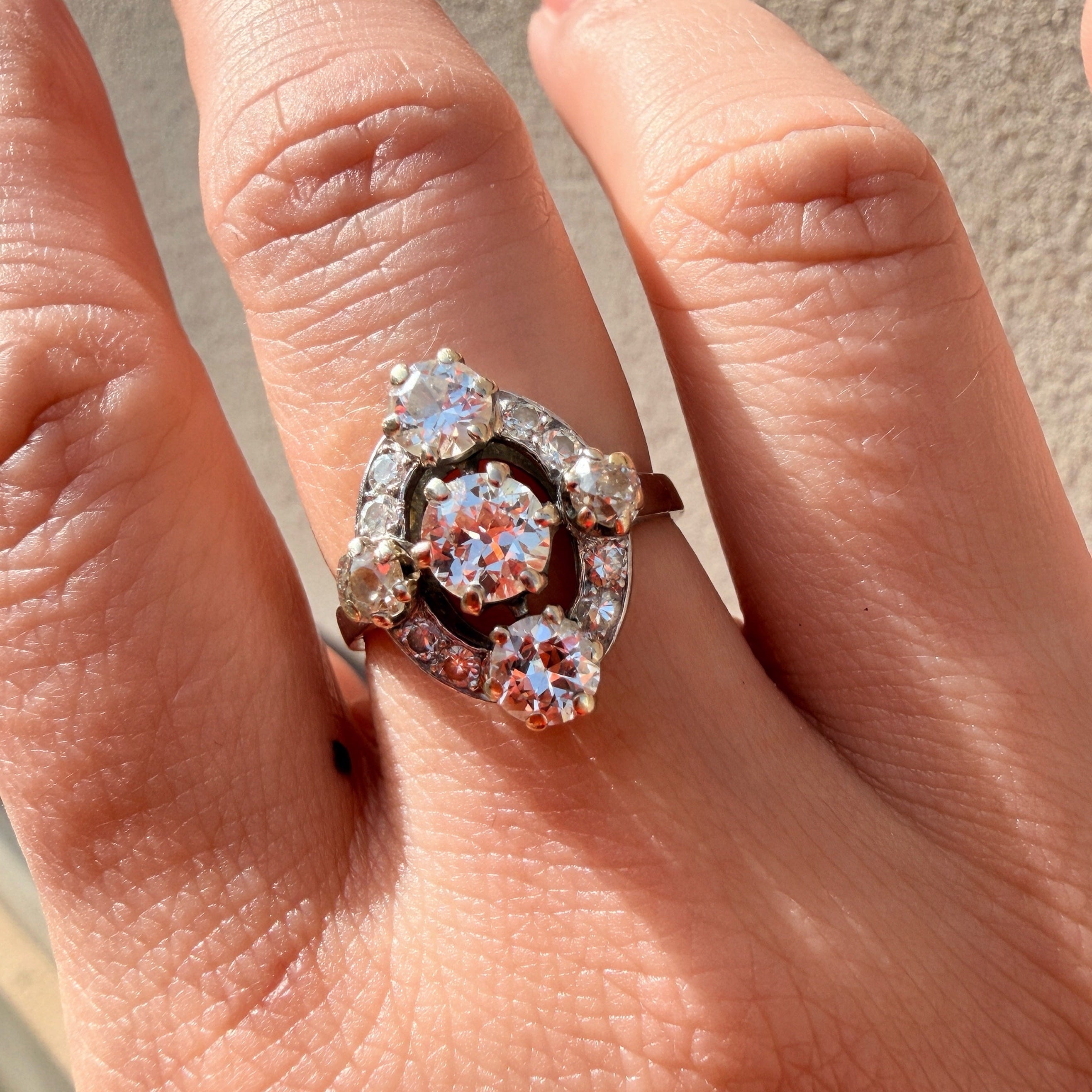 French vintage platine old mine cut diamond cluster ring