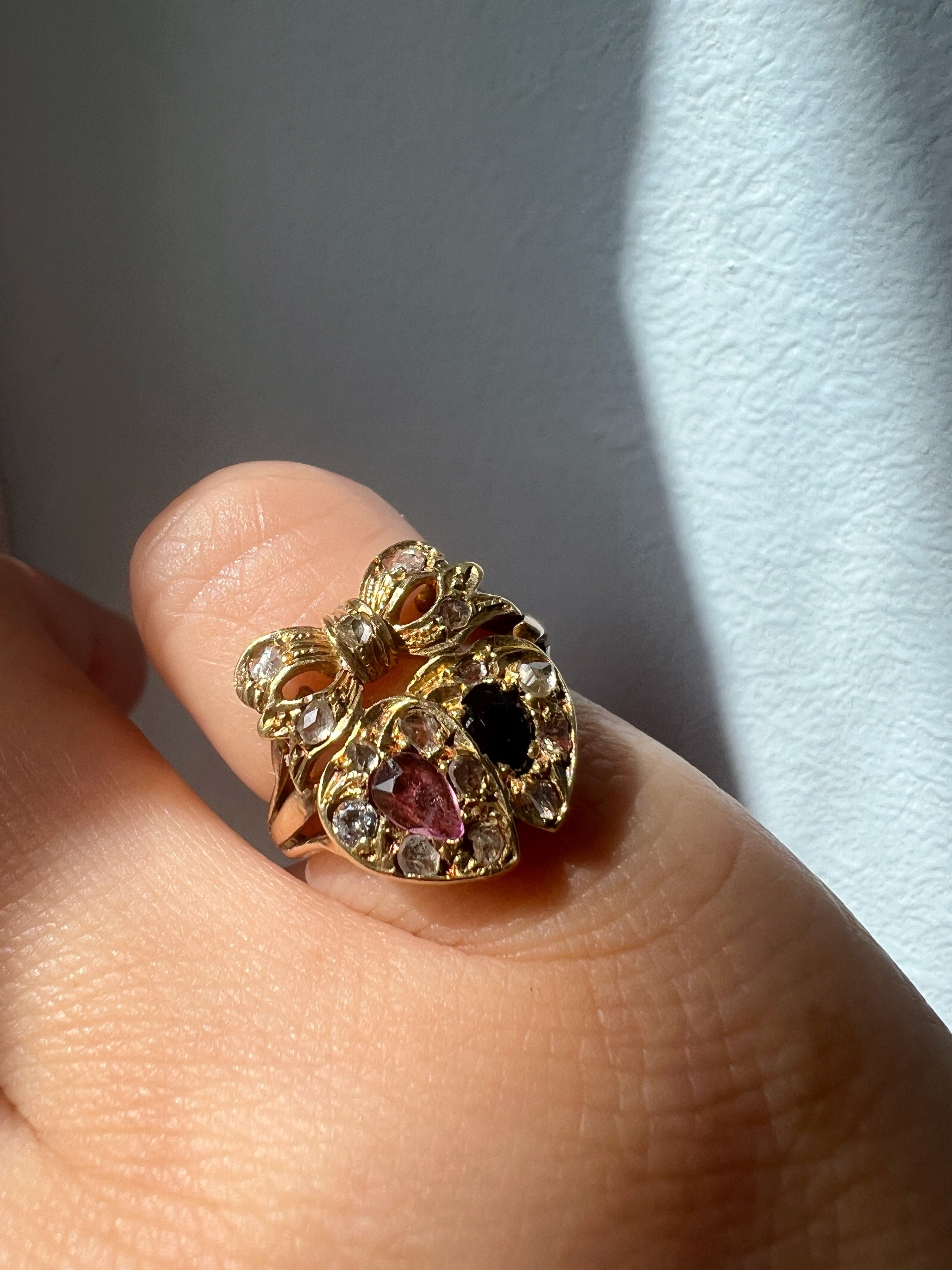 Antique ruby sapphire diamond double heart bow ring