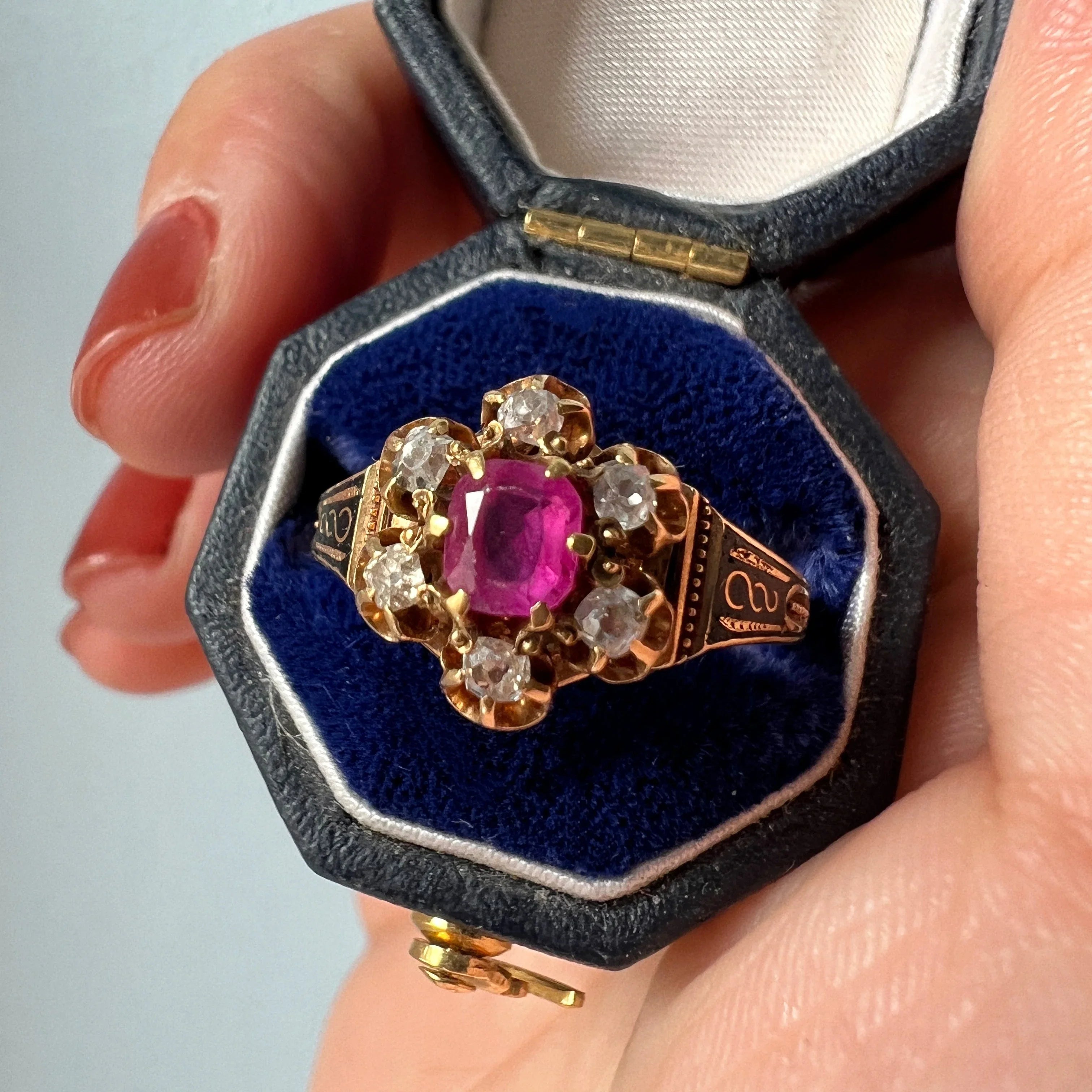 Victorian 14K Yellow Gold Ruby, Diamond & Black Enamel Ring