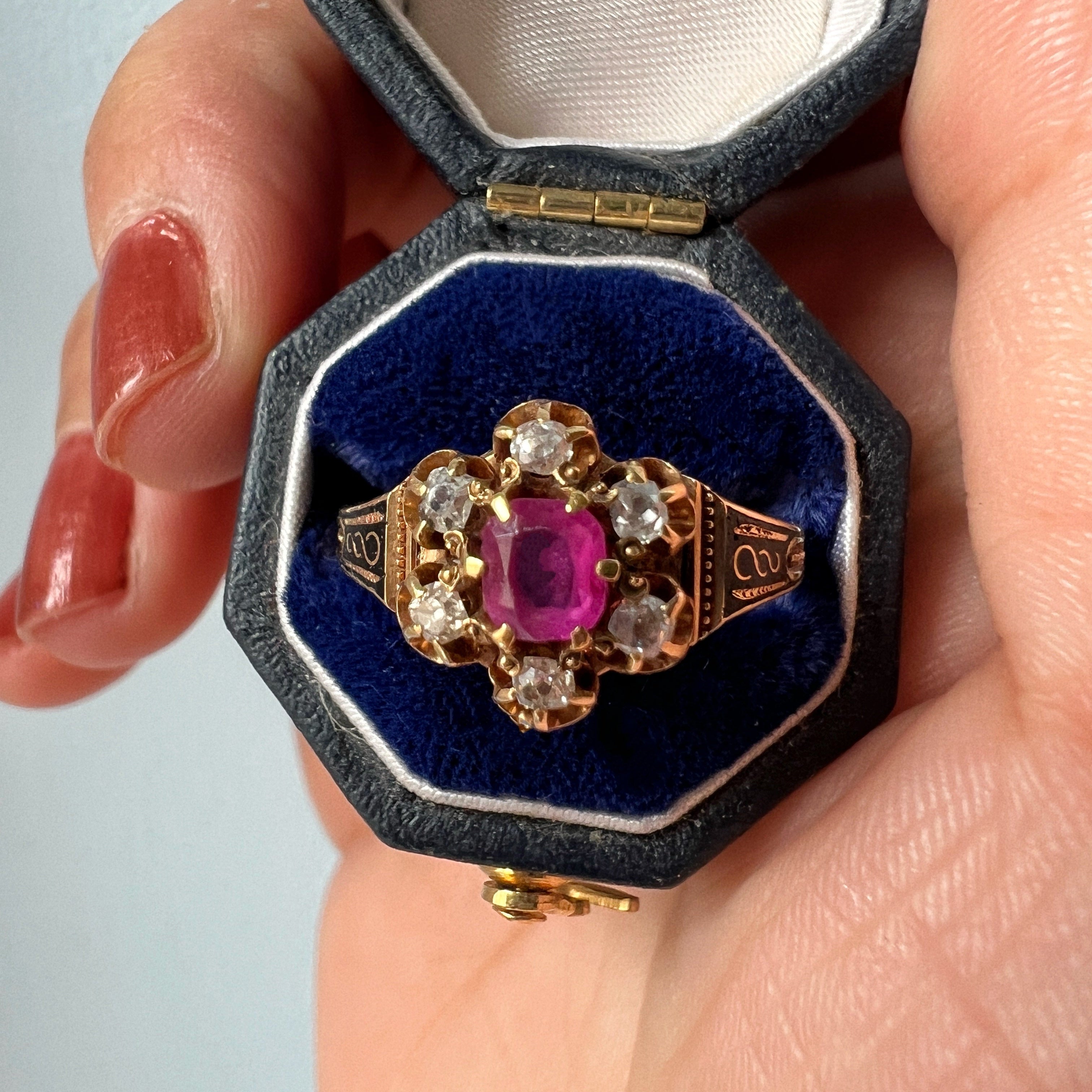 Victorian 14K Yellow Gold Ruby, Diamond & Black Enamel Ring