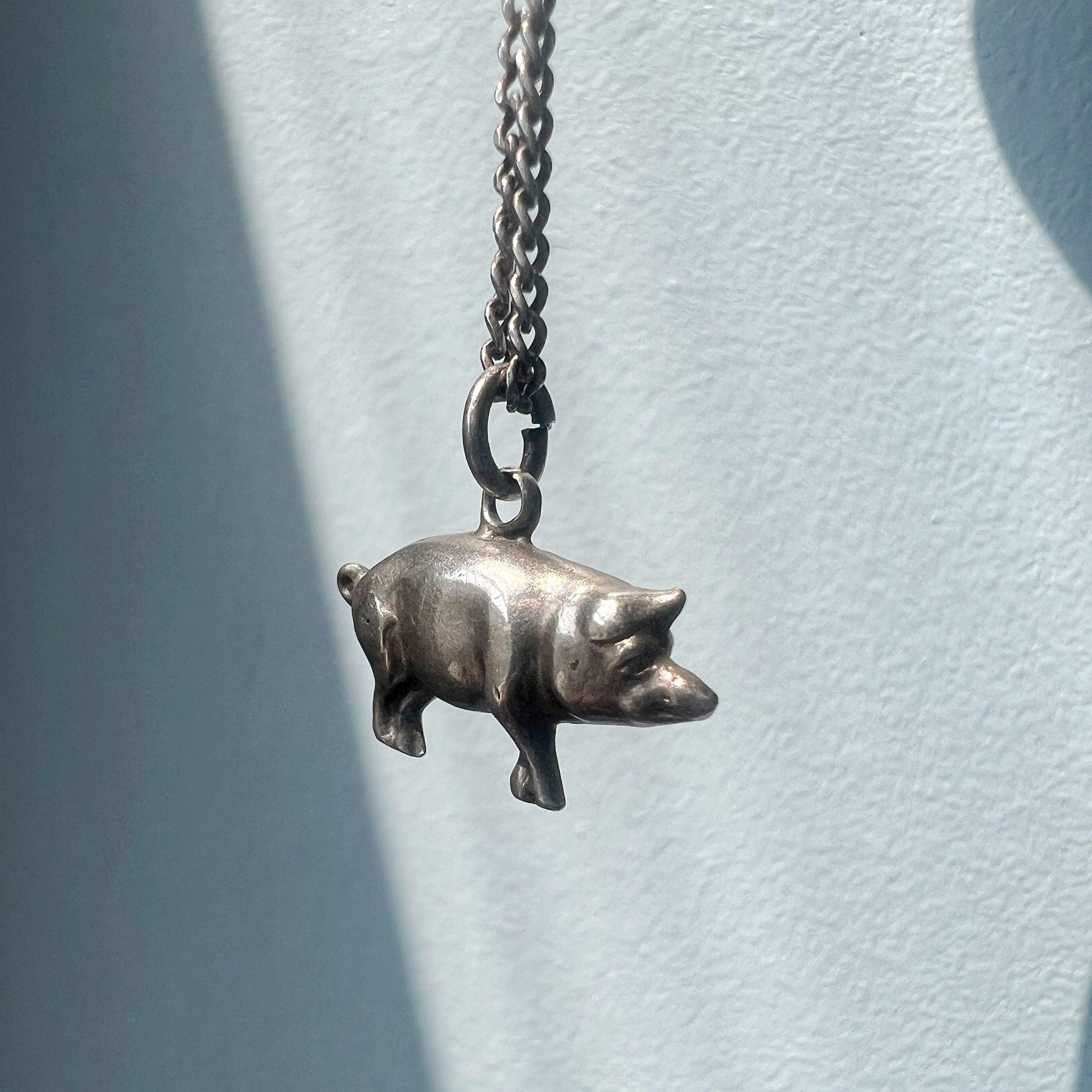 Super cute antique silver tiny pig charm pendant - Curiously timeless