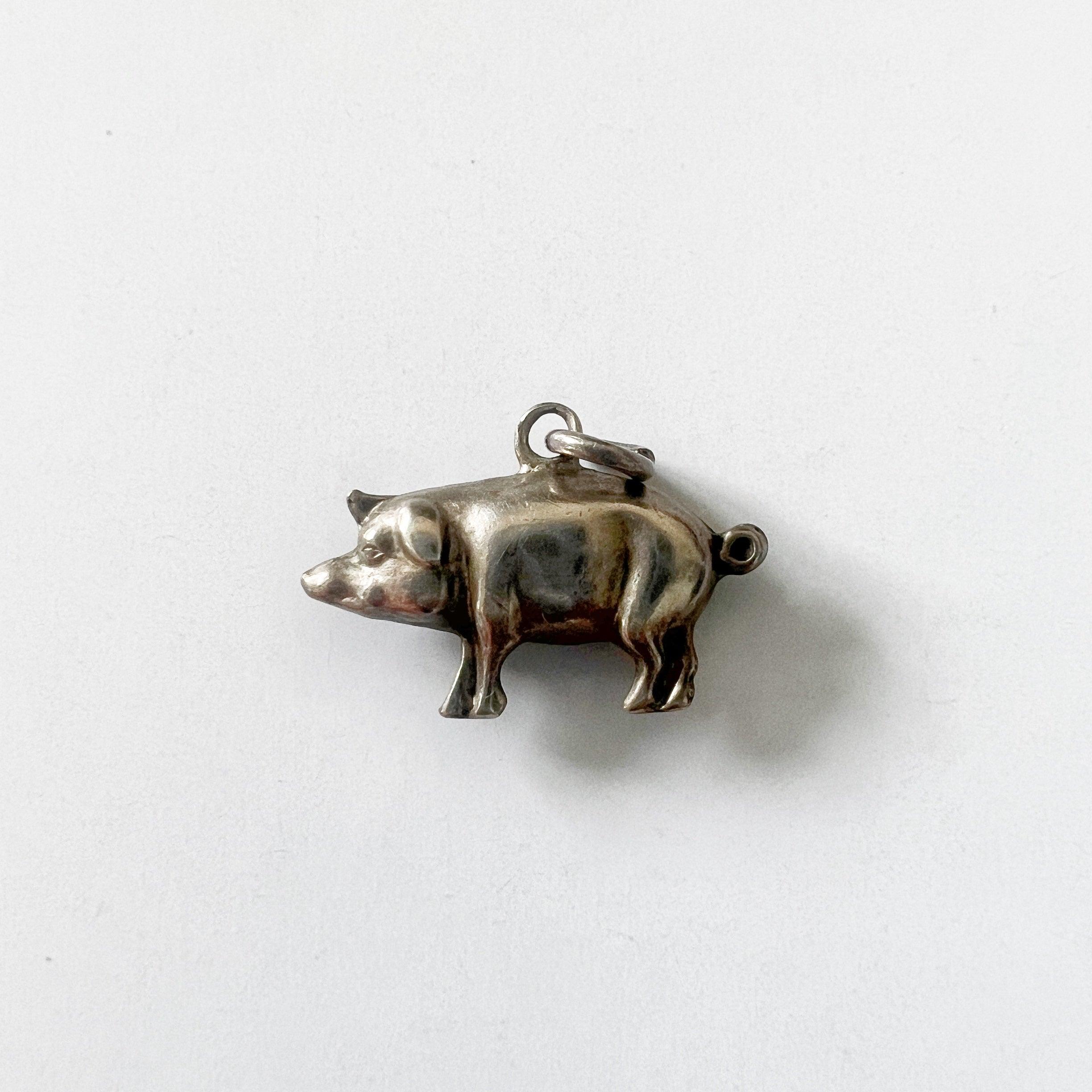 Super cute antique silver tiny pig charm pendant - Curiously timeless