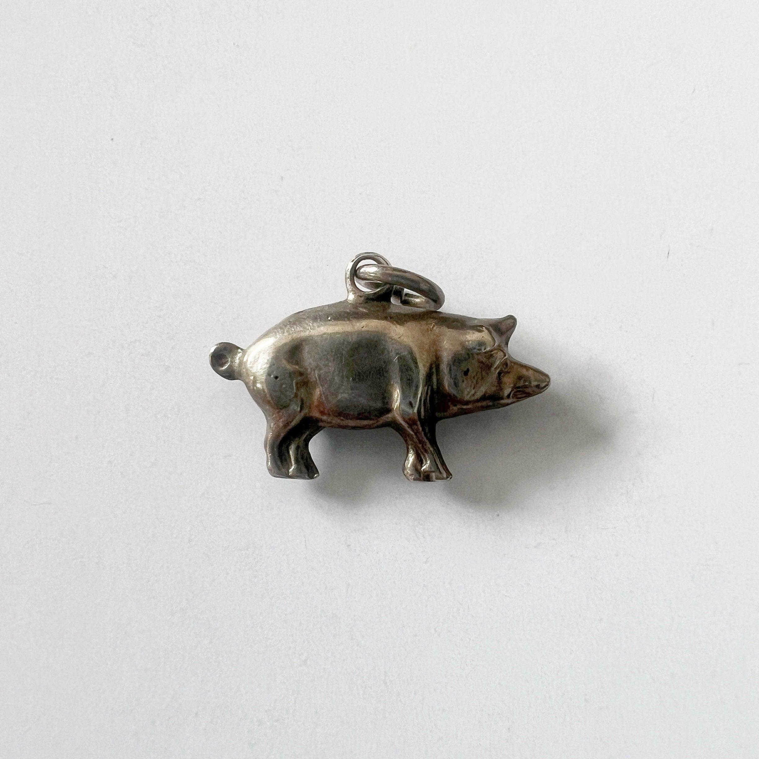 Super cute antique silver tiny pig charm pendant - Curiously timeless