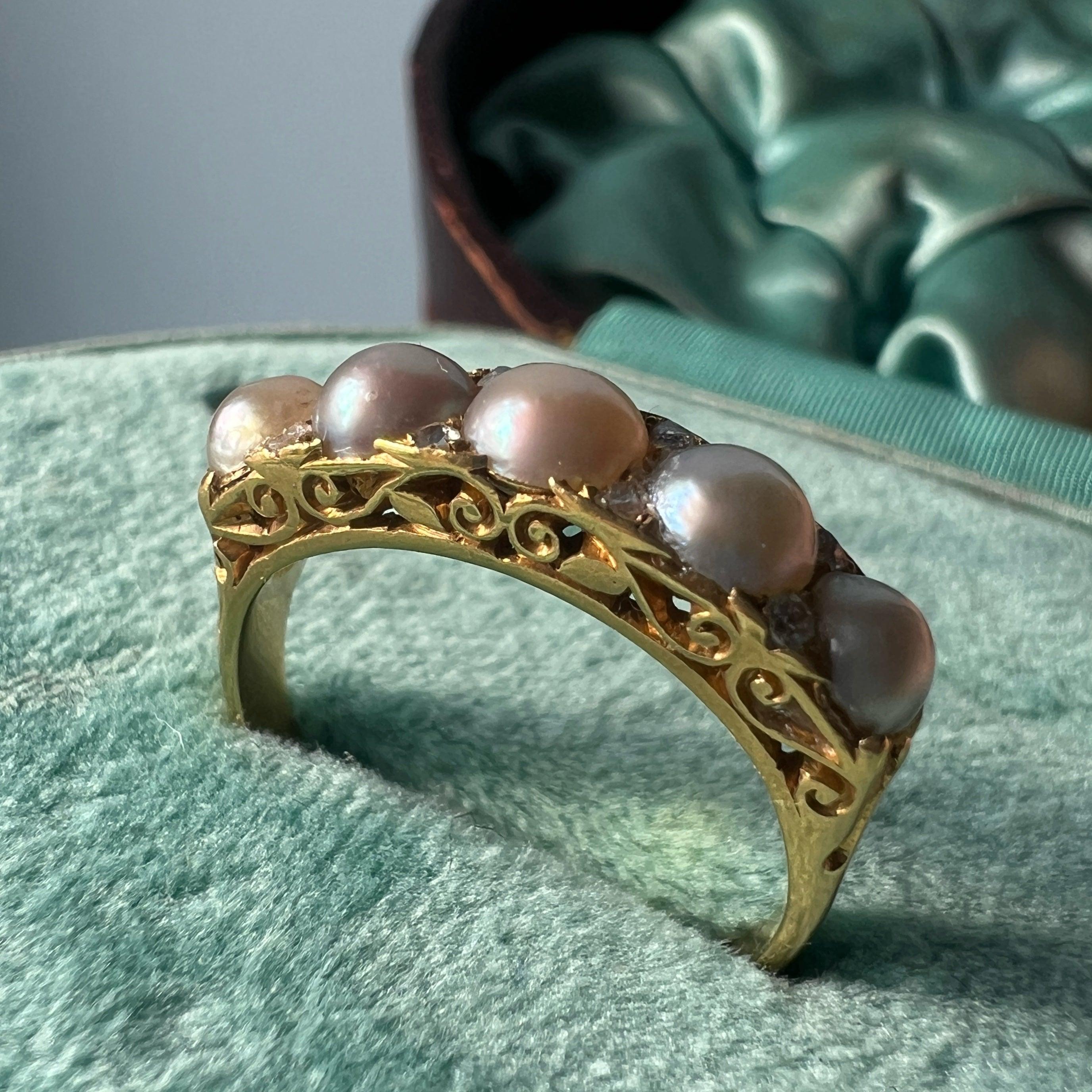 Victorian 18K gold natural pearl half hoop ring - Curiously timeless