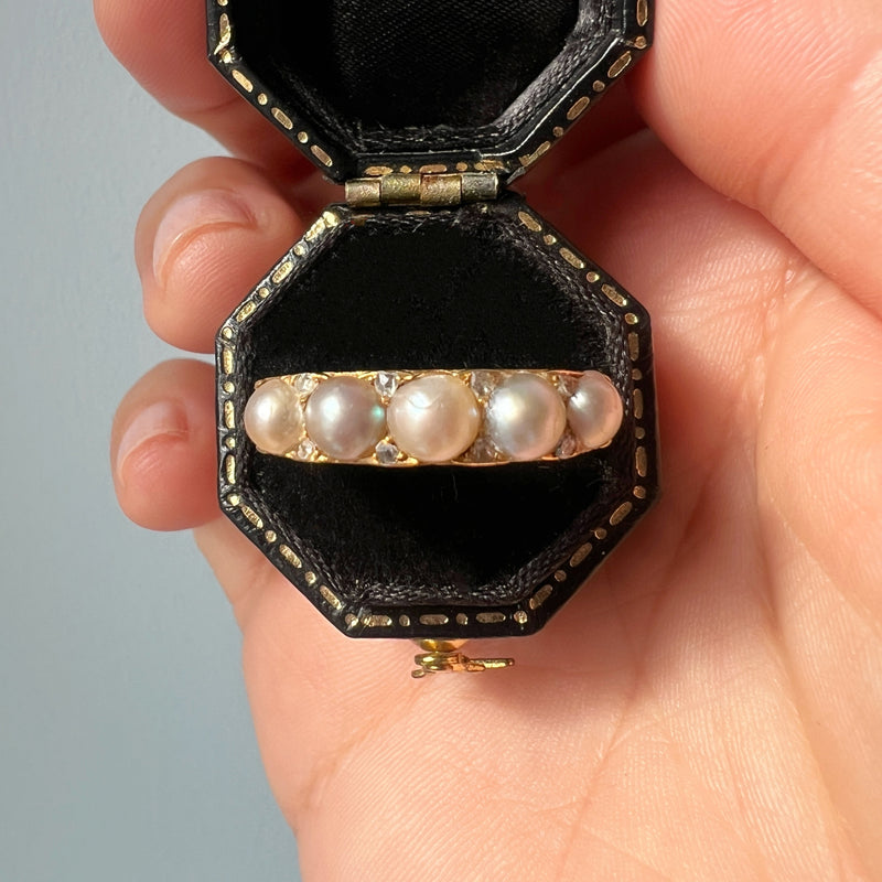 Victorian 18K gold natural pearl half hoop ring