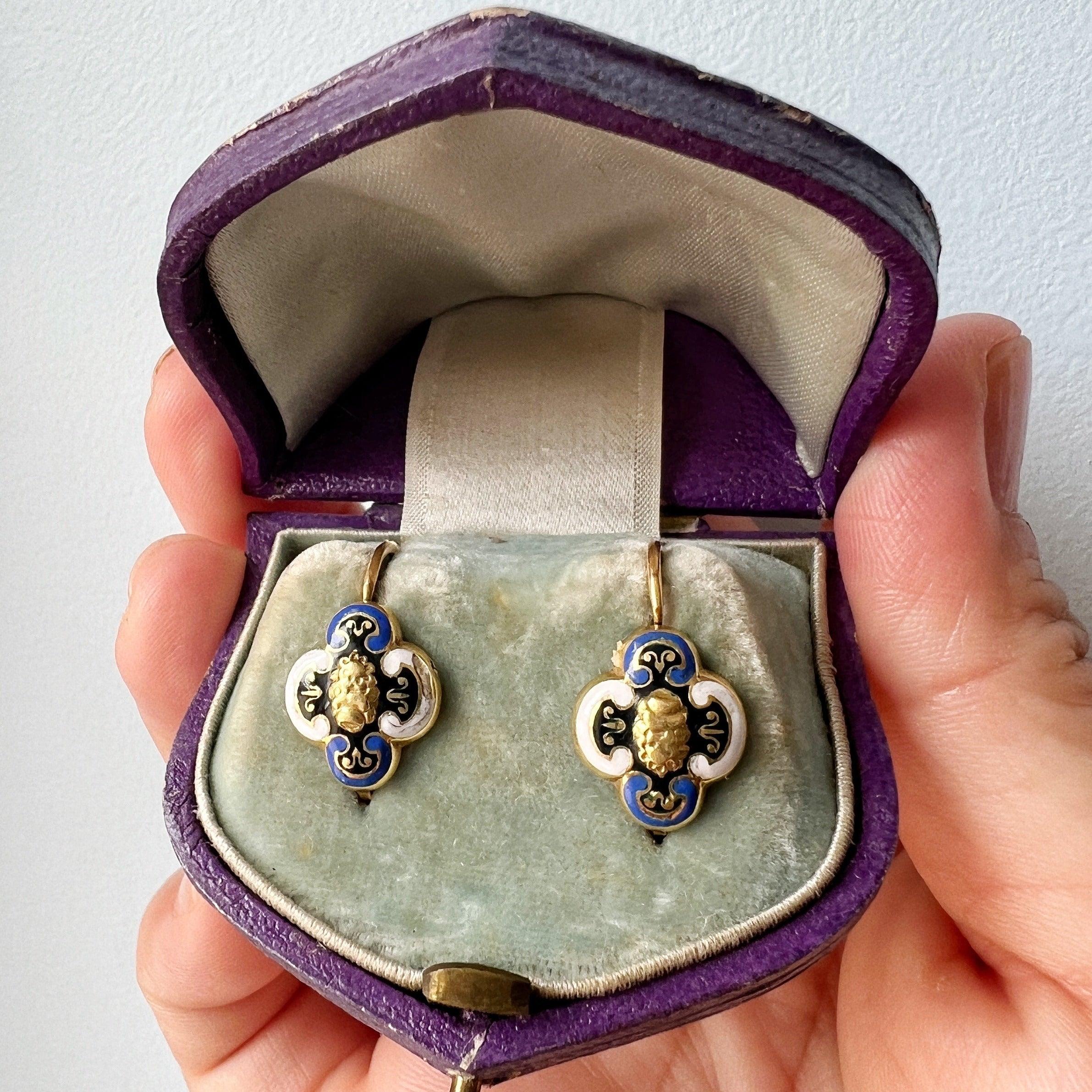 Boxed Victorian era 18K gold polychrome enamel sleeper earrings - Curiously timeless