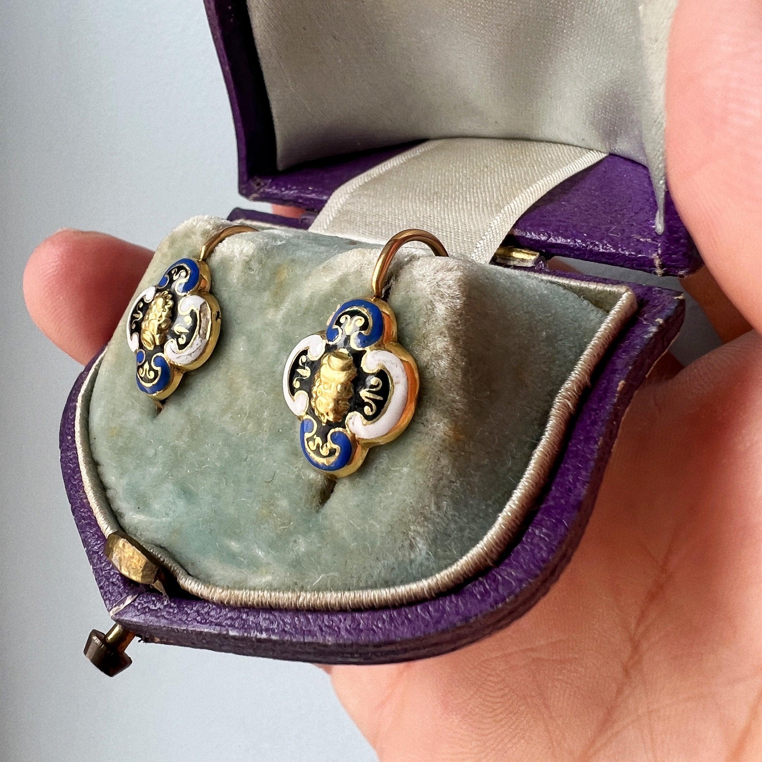 Boxed Victorian era 18K gold polychrome enamel sleeper earrings - Curiously timeless