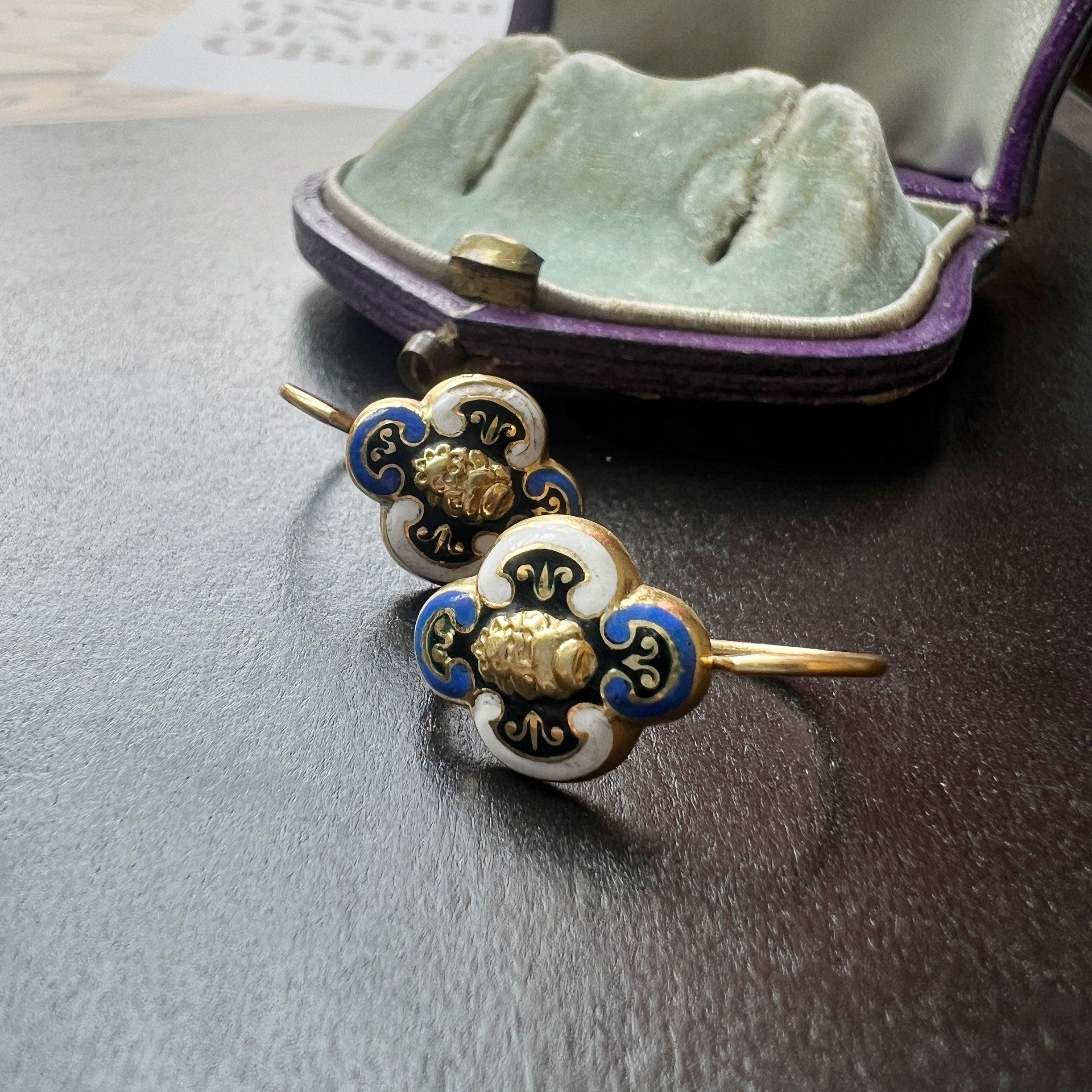 Boxed Victorian era 18K gold polychrome enamel sleeper earrings - Curiously timeless