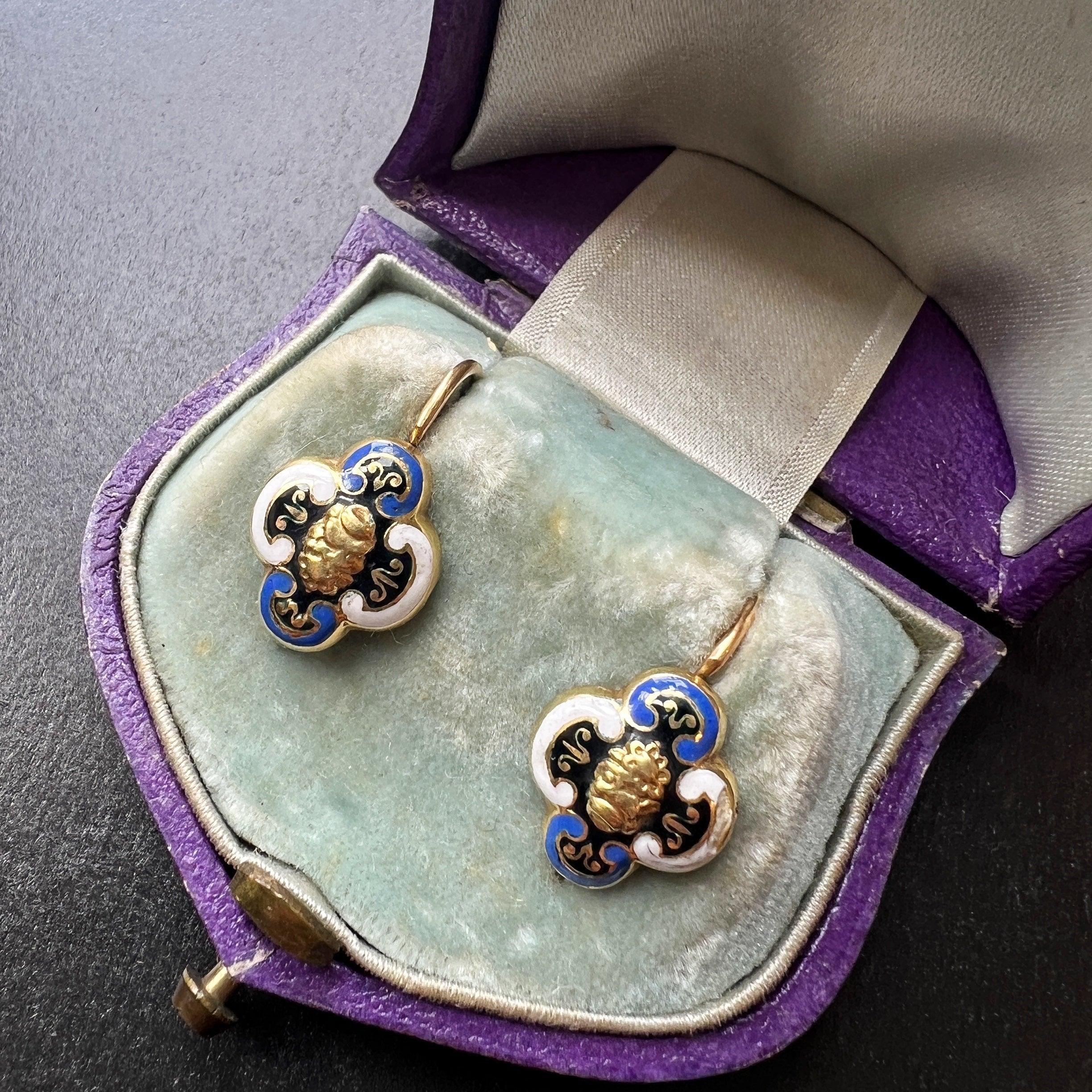 Boxed Victorian era 18K gold polychrome enamel sleeper earrings - Curiously timeless