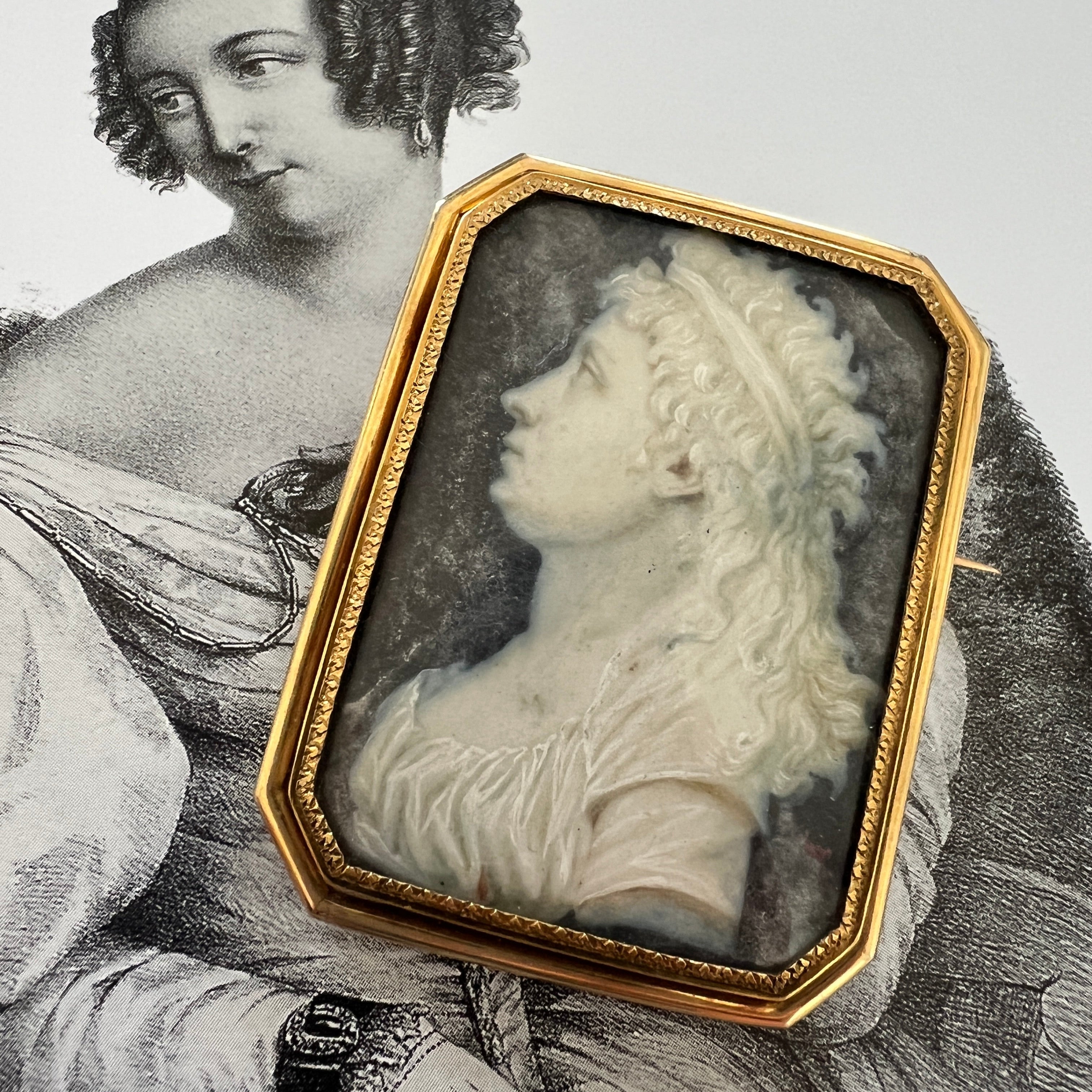 Georgian era French 18K Grisaille Miniature portrait brooch