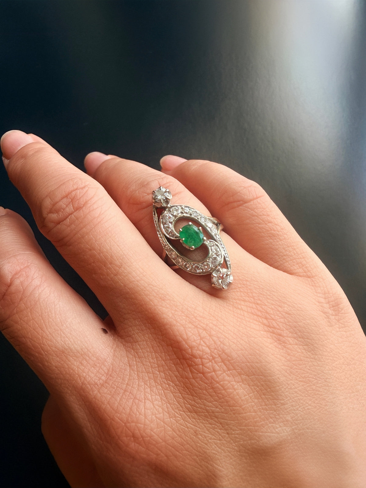 Antique French 18K gold emerald diamond ring