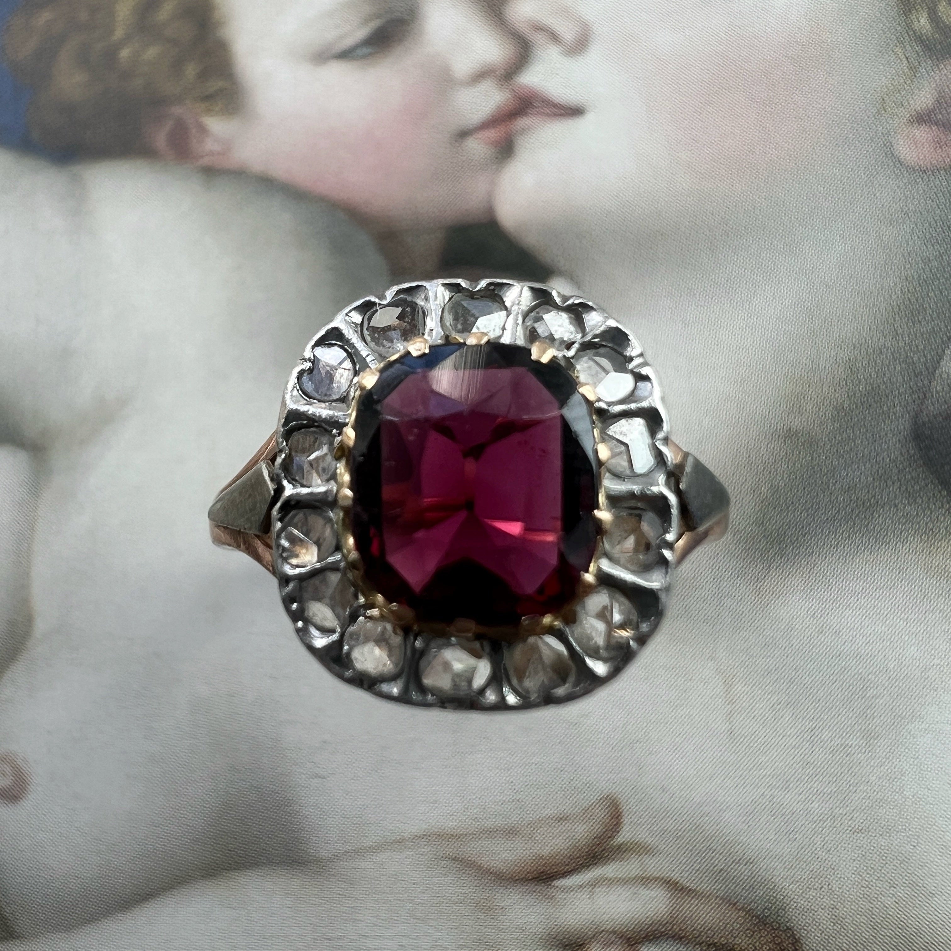 Late Victorian 18K Gold Garnet and Diamond Ring