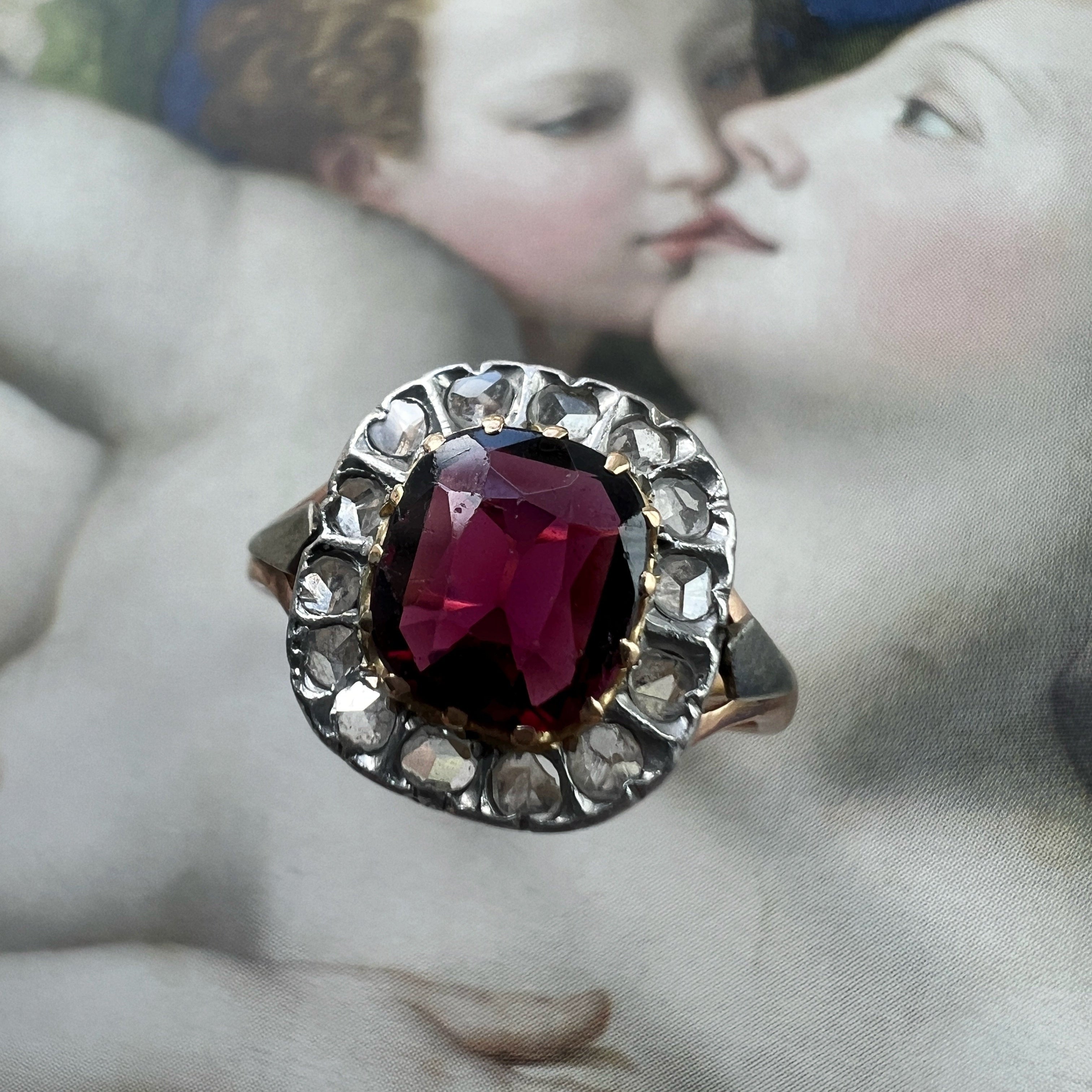 Late Victorian 18K Gold Garnet and Diamond Ring