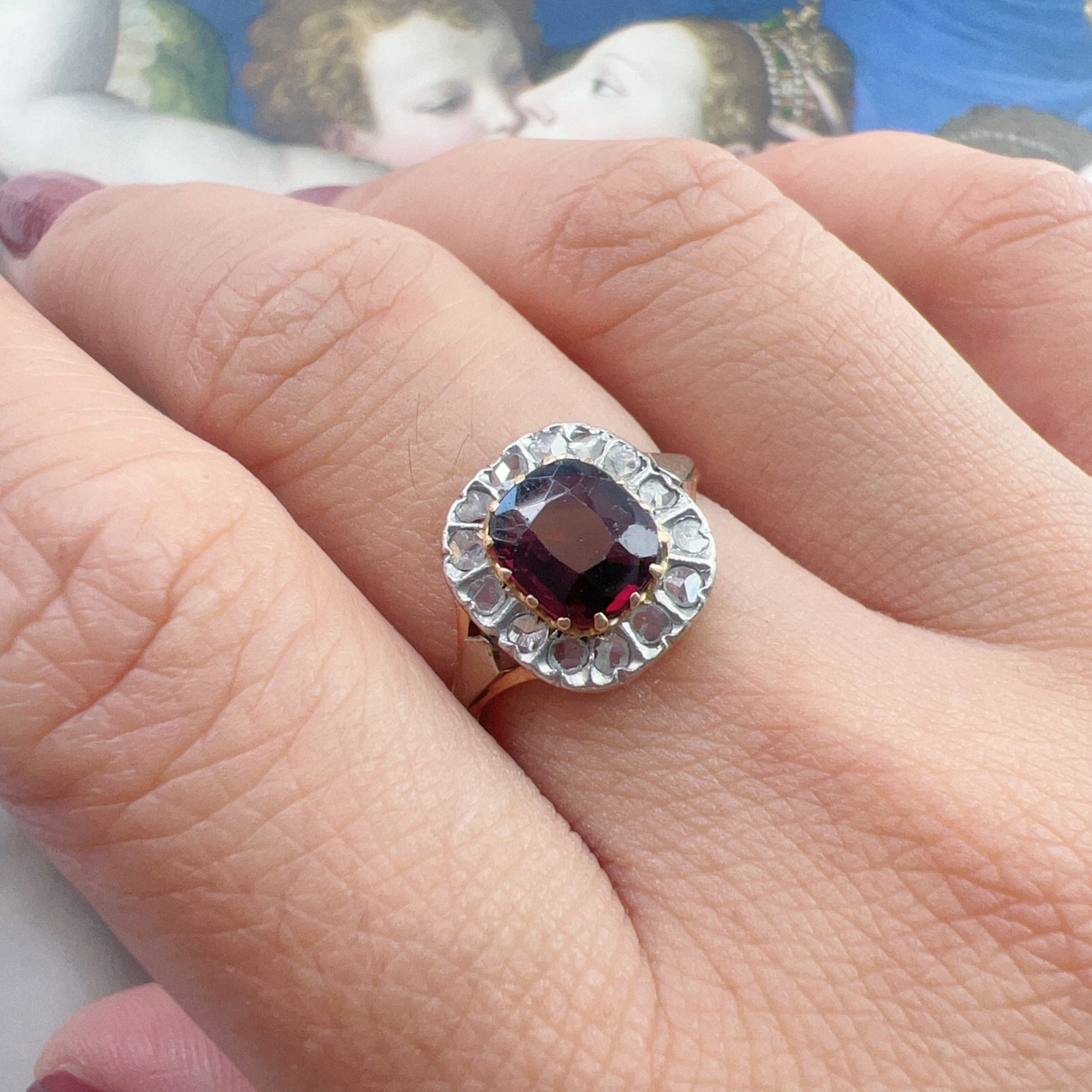 Late Victorian 18K Gold Garnet and Diamond Ring