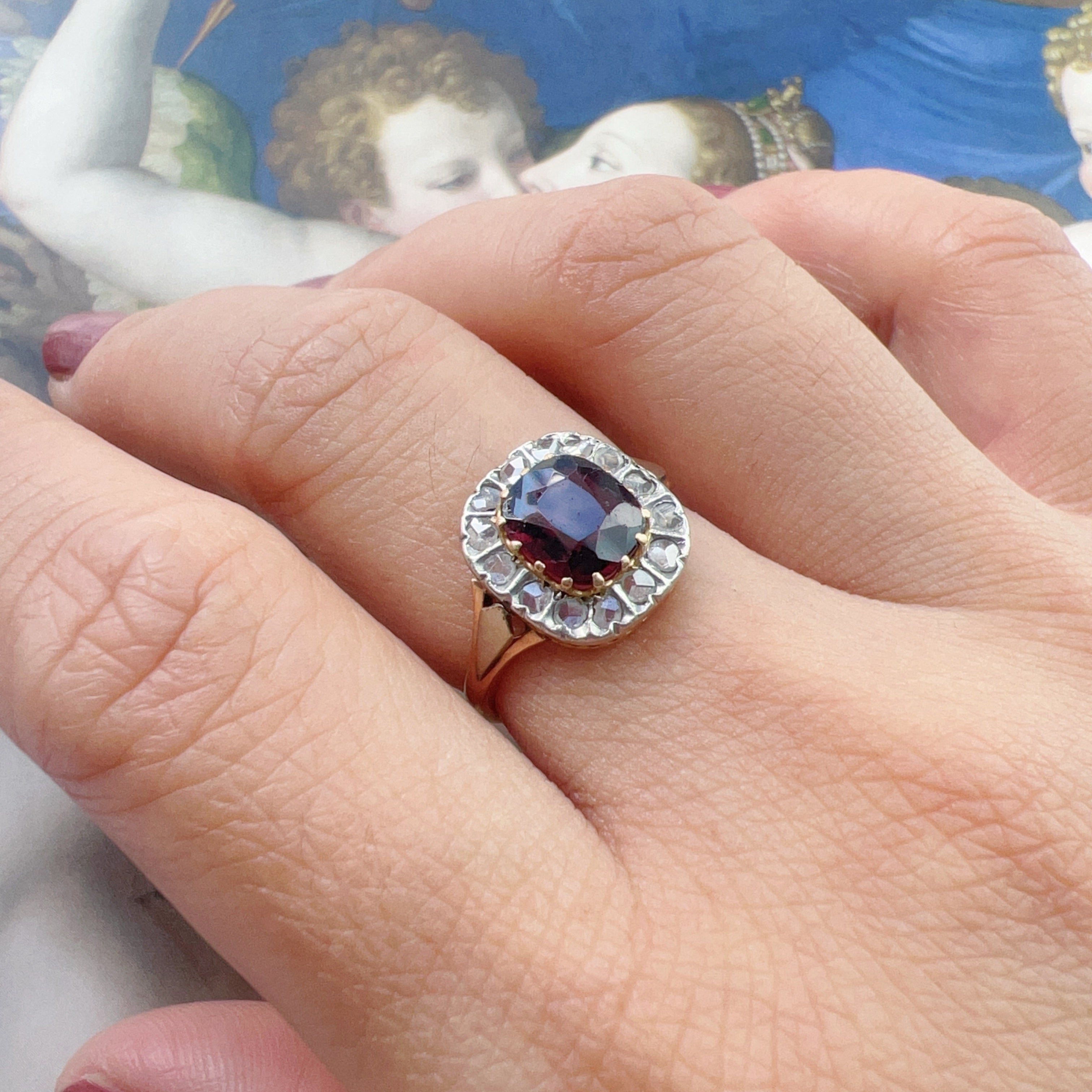 Late Victorian 18K Gold Garnet and Diamond Ring