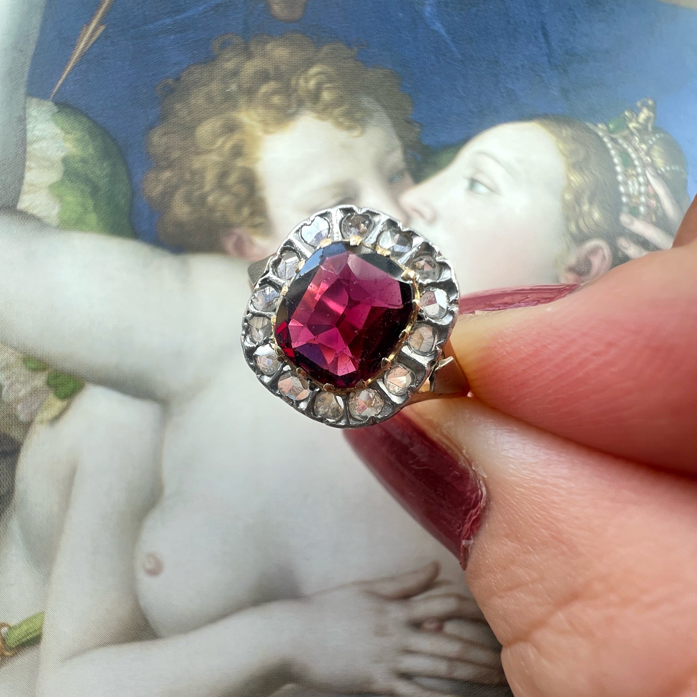 Late Victorian 18K Gold Garnet and Diamond Ring