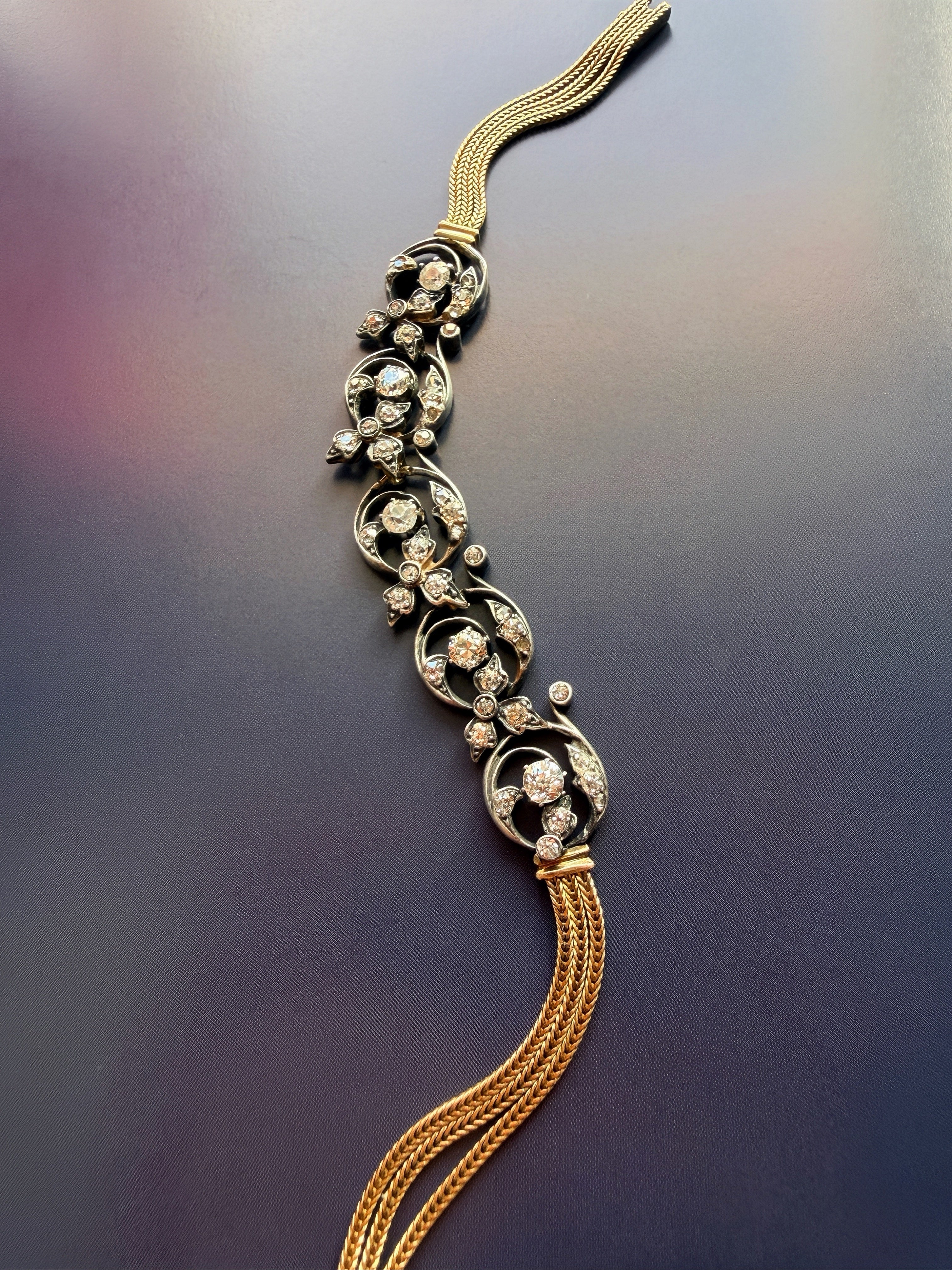 Antique Victorian 18K gold floral diamond link bracelet