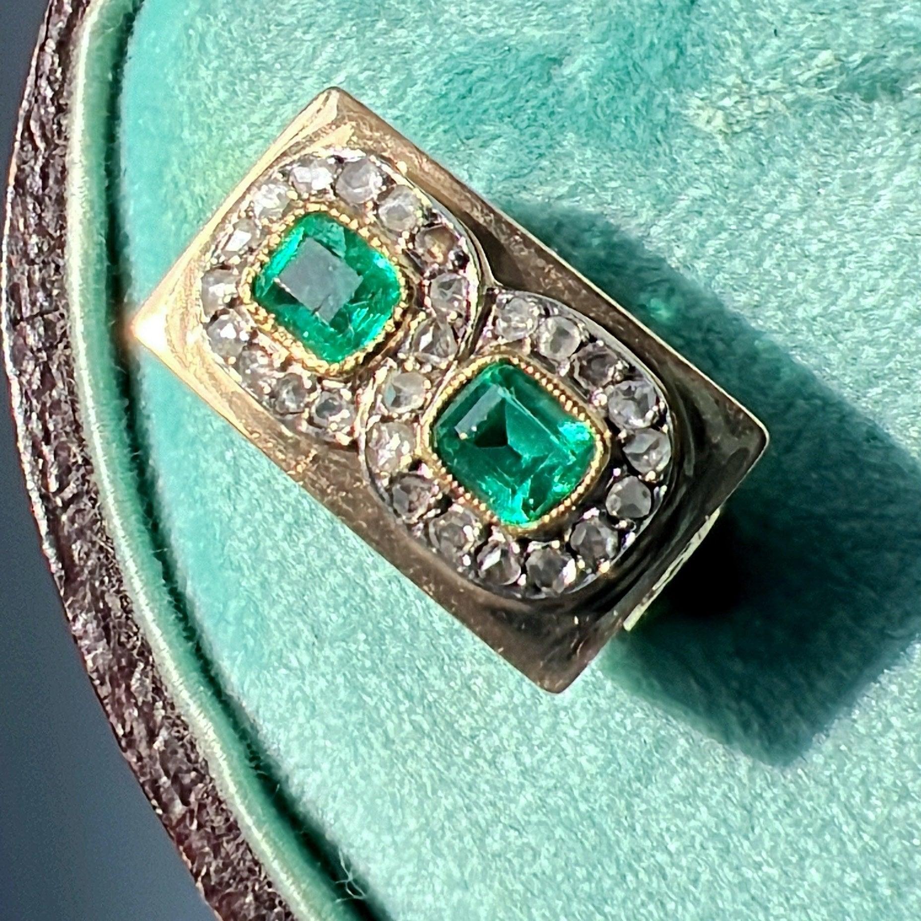 Retro 18K gold emerald and diamond French tank ring - Curiously timeless