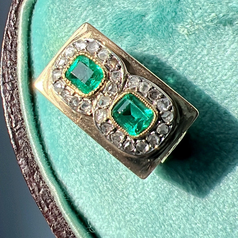 18K gold emerald diamond tank ring