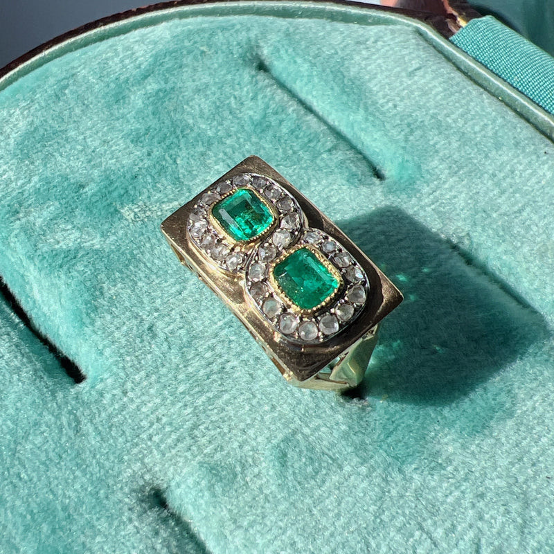 18K gold emerald diamond tank ring