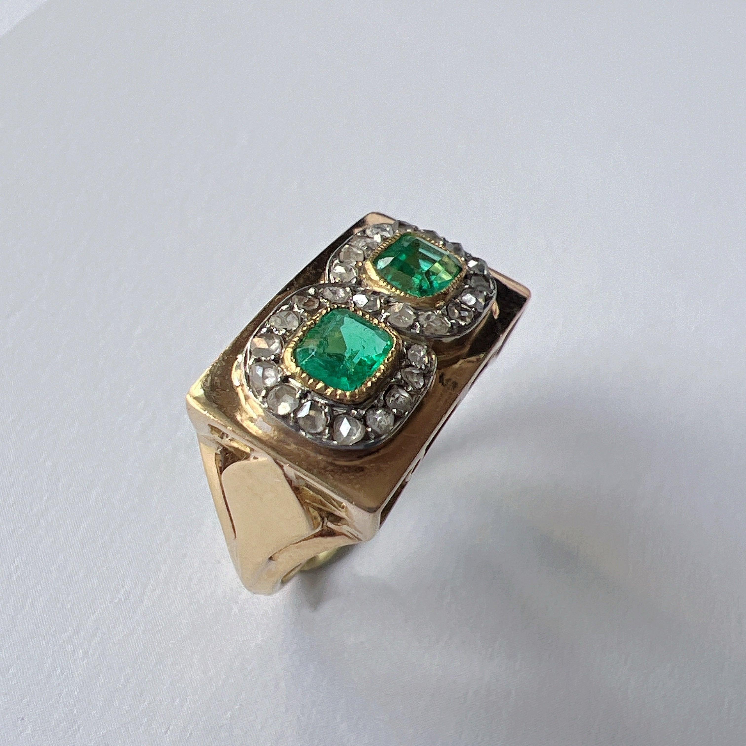 Retro 18K gold emerald and diamond French tank ring - Curiously timeless