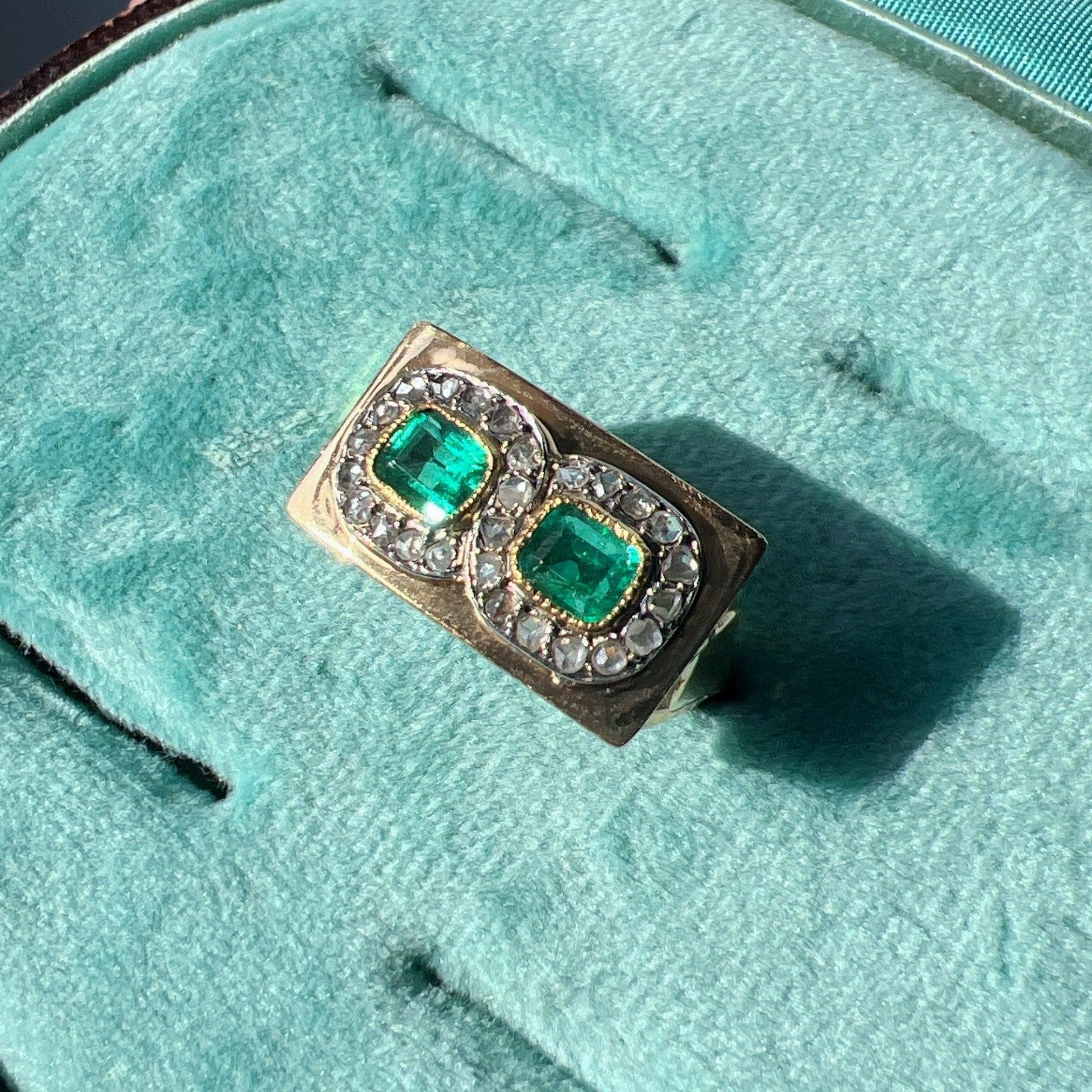 Retro 18K gold emerald and diamond French tank ring - Curiously timeless