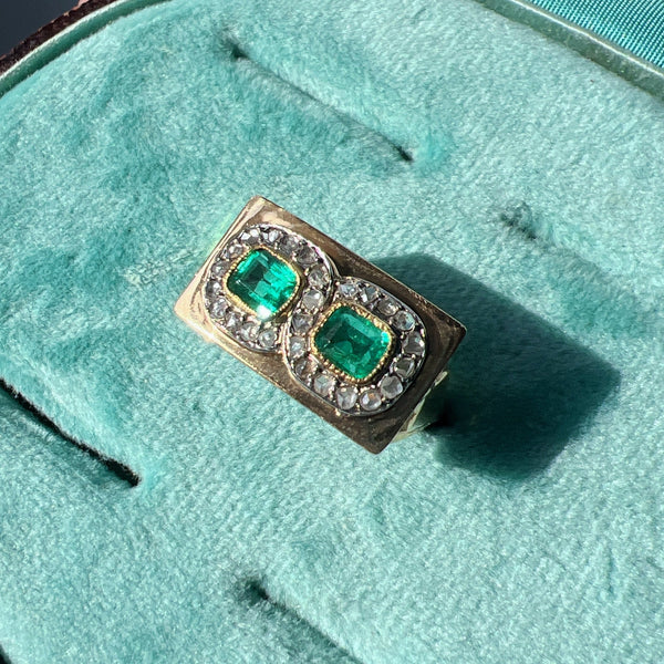 18K gold emerald diamond tank ring